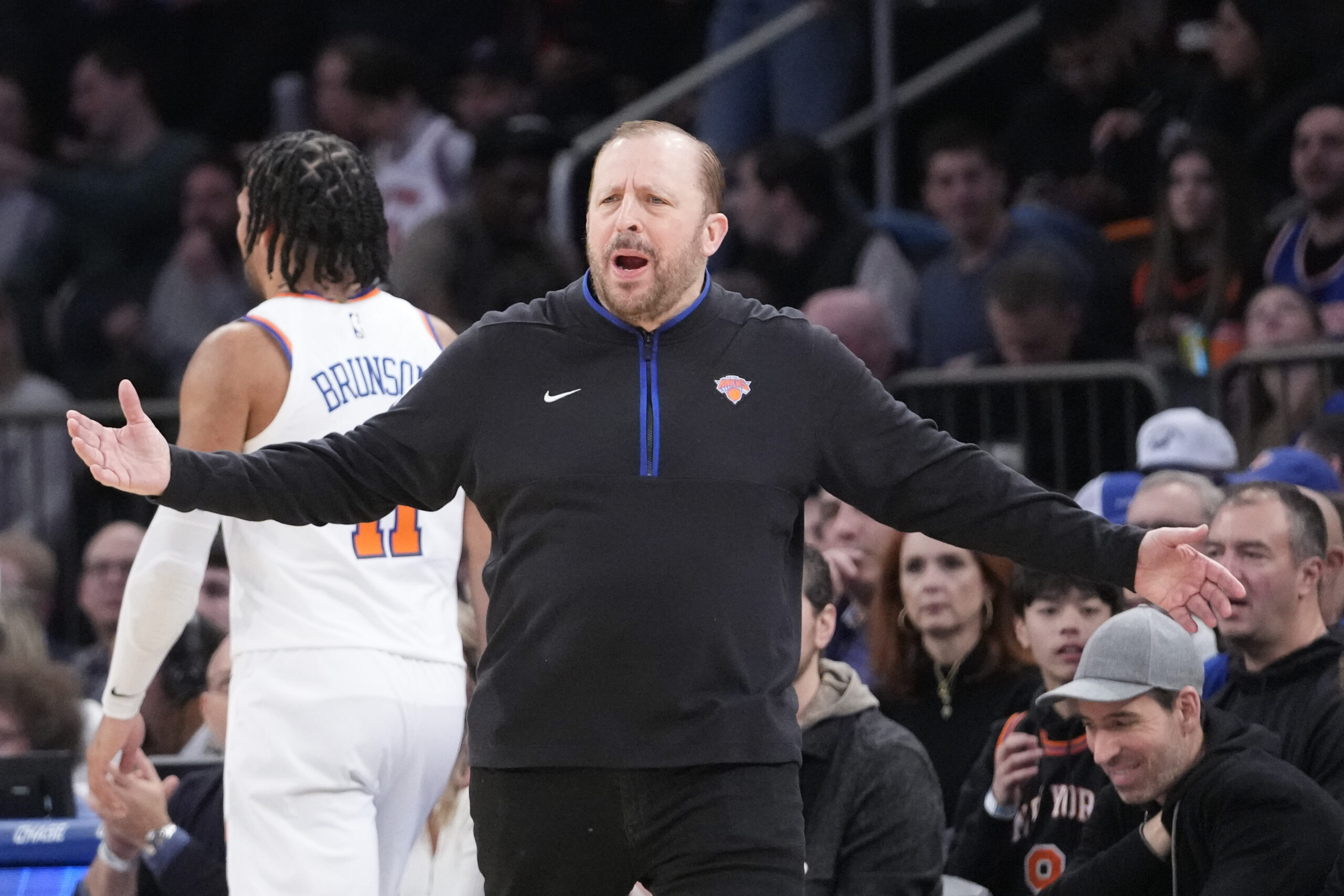 New York Knicks head coach Tom Thibodeau reacts in the...