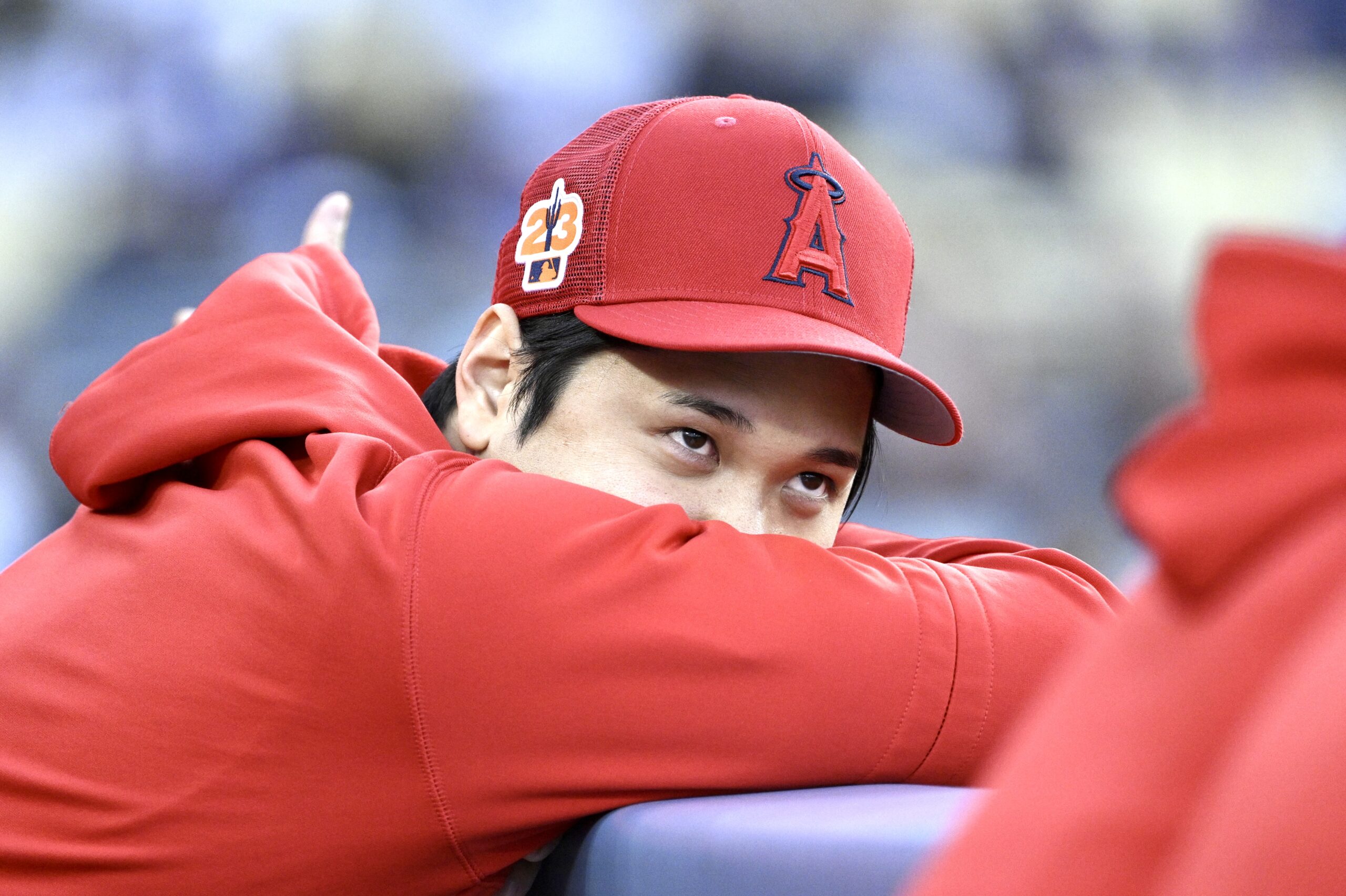 Shohei Ohtani of the Los Angeles Angels looks on against...