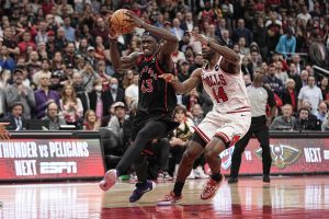 Apr 12, 2023; Toronto, Ontario, CAN; Toronto Raptors forward Pascal Siakam (43) drives to the net against Chicago Bulls forward Patrick Williams (44) during the second half of a NBA Play-In game at Scotiabank Arena. Mandatory Credit: John E. Sokolowski-USA TODAY Sports