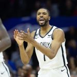 Apr 17, 2023; Philadelphia, Pennsylvania, USA; Brooklyn Nets forward Mikal Bridges (1) reacts after a defensive stop against the Philadelphia 76ers during the third quarter in game two of the 2023 NBA playoffs at Wells Fargo Center. Mandatory Credit: Bill Streicher-USA TODAY Sports