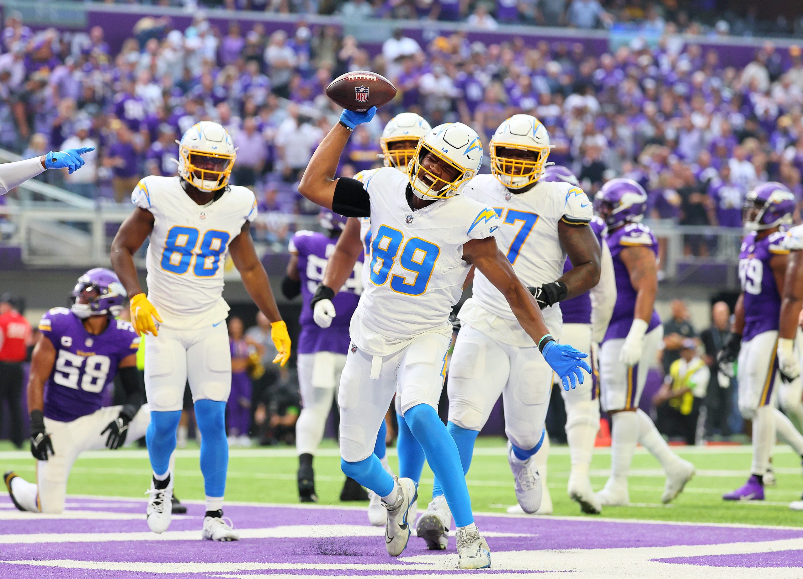 Donald Parham Jr. of the Los Angeles Chargers celebrates after...