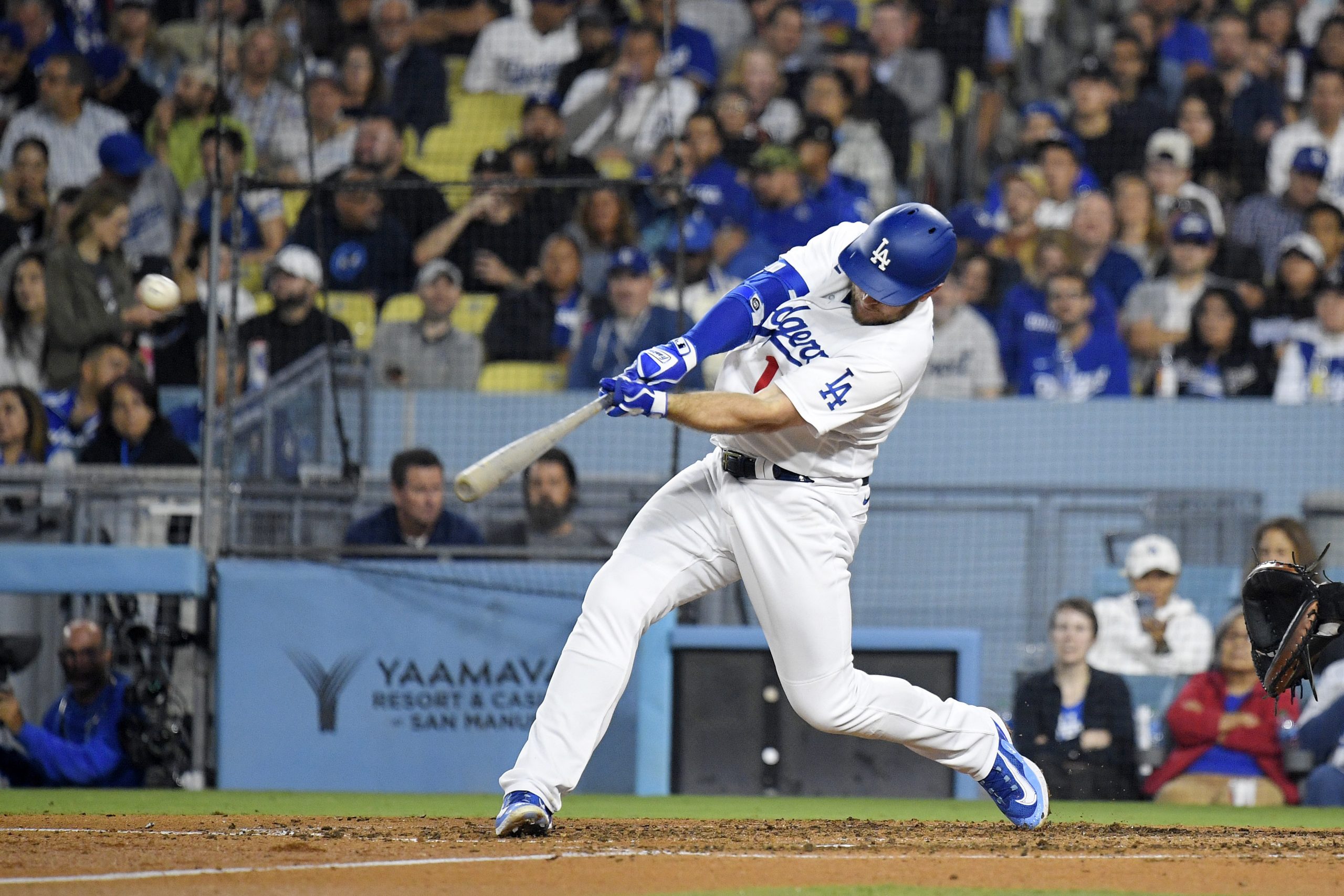 The Dodgers’ Max Muncy hits a solo home run off...