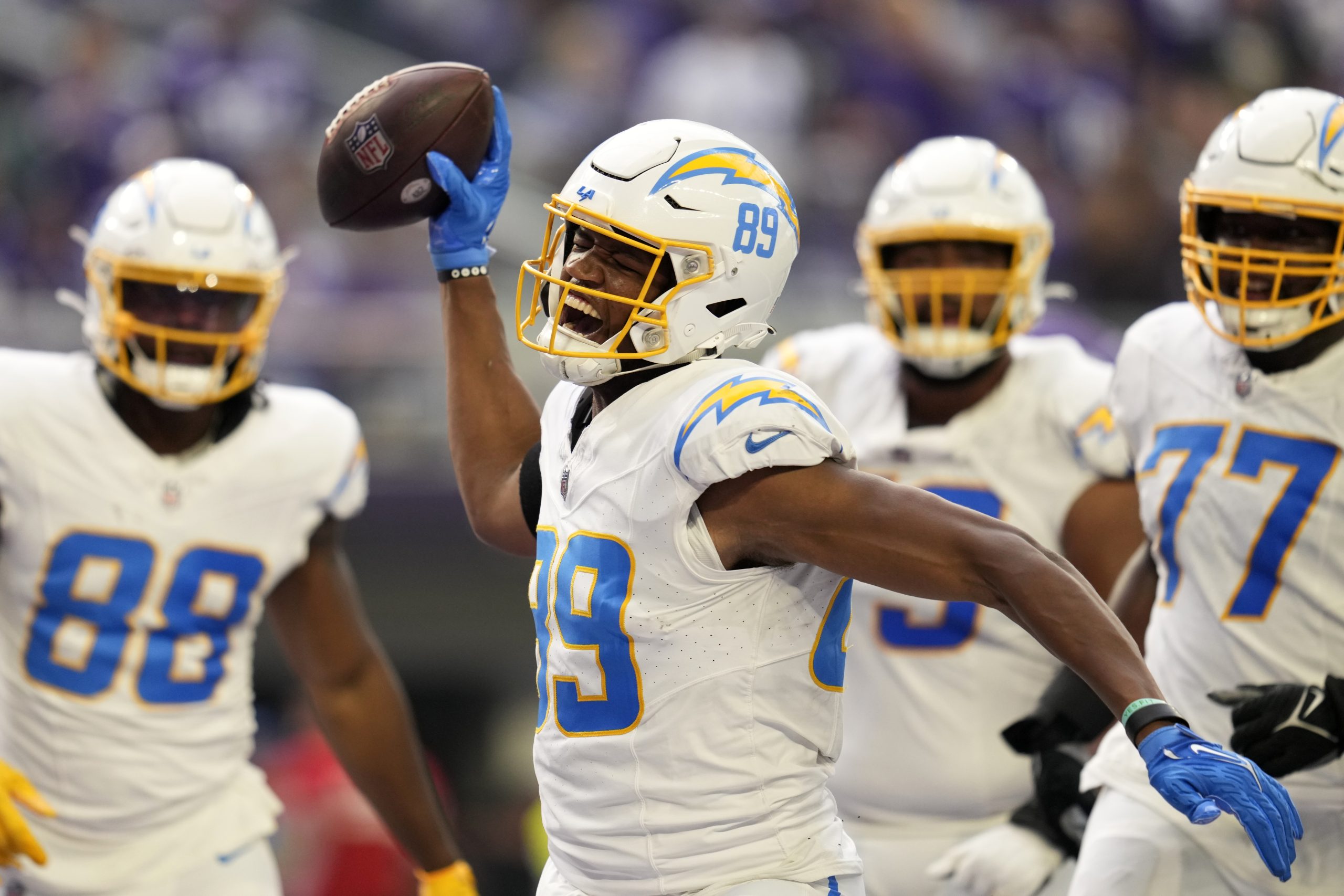 Los Angeles Chargers tight end Donald Parham Jr. celebrates after...