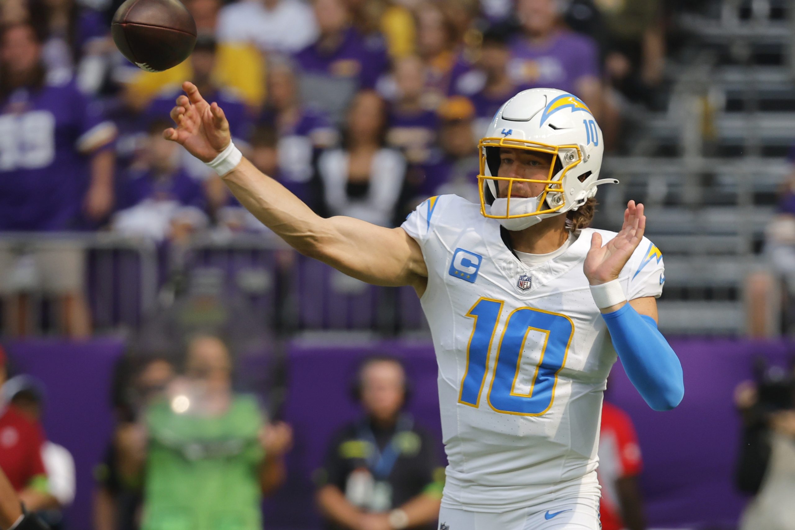 Los Angeles Chargers quarterback Justin Herbert throws a pass during...