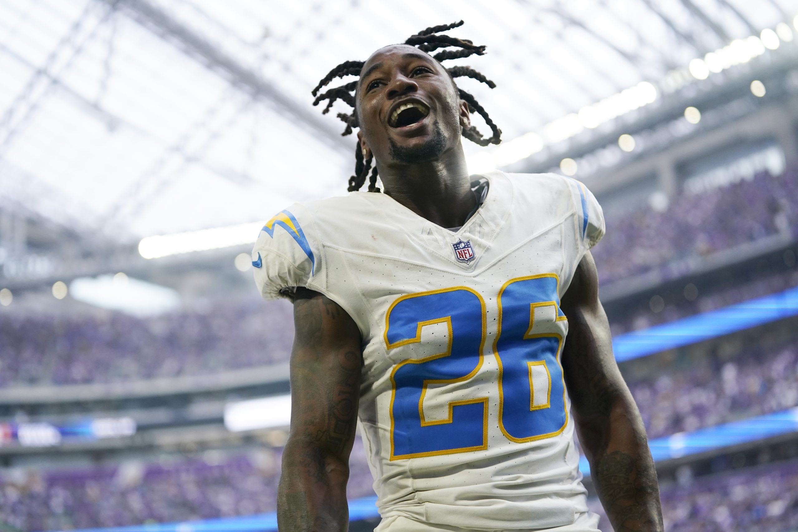 Los Angeles Chargers cornerback Asante Samuel Jr. celebrates after an...