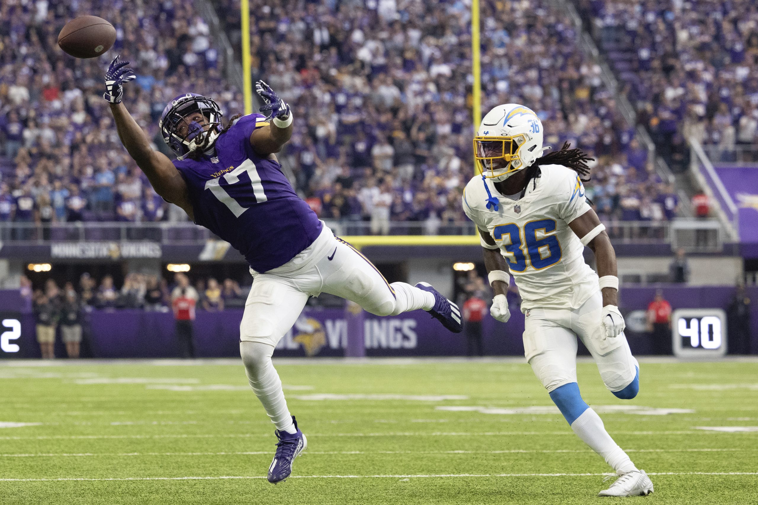 Minnesota Vikings wide receiver K.J. Osborn misses a pass against...