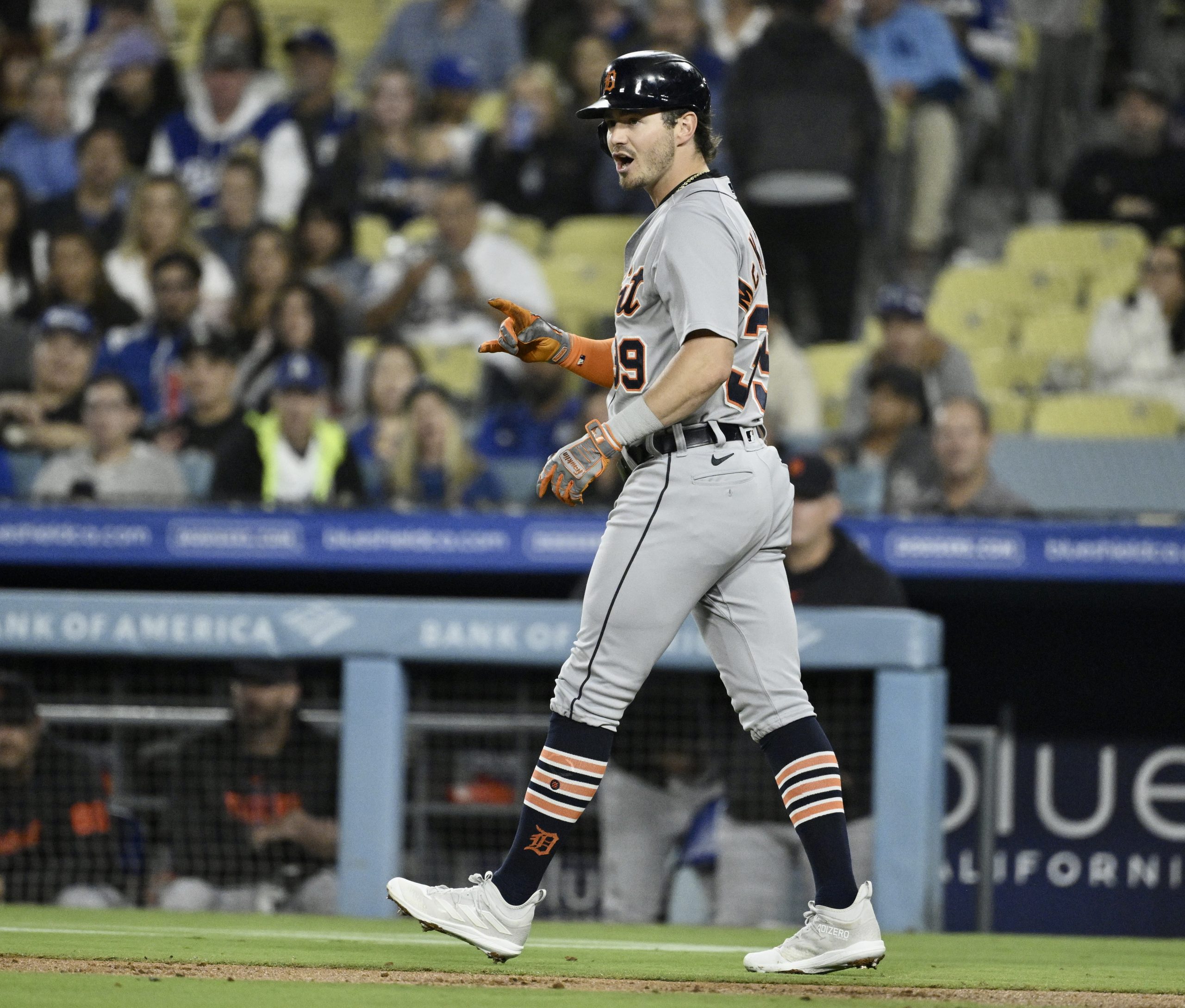 The Detroit Tigers’ Zack McKinstry yells toward Dodgers starting pitcher...