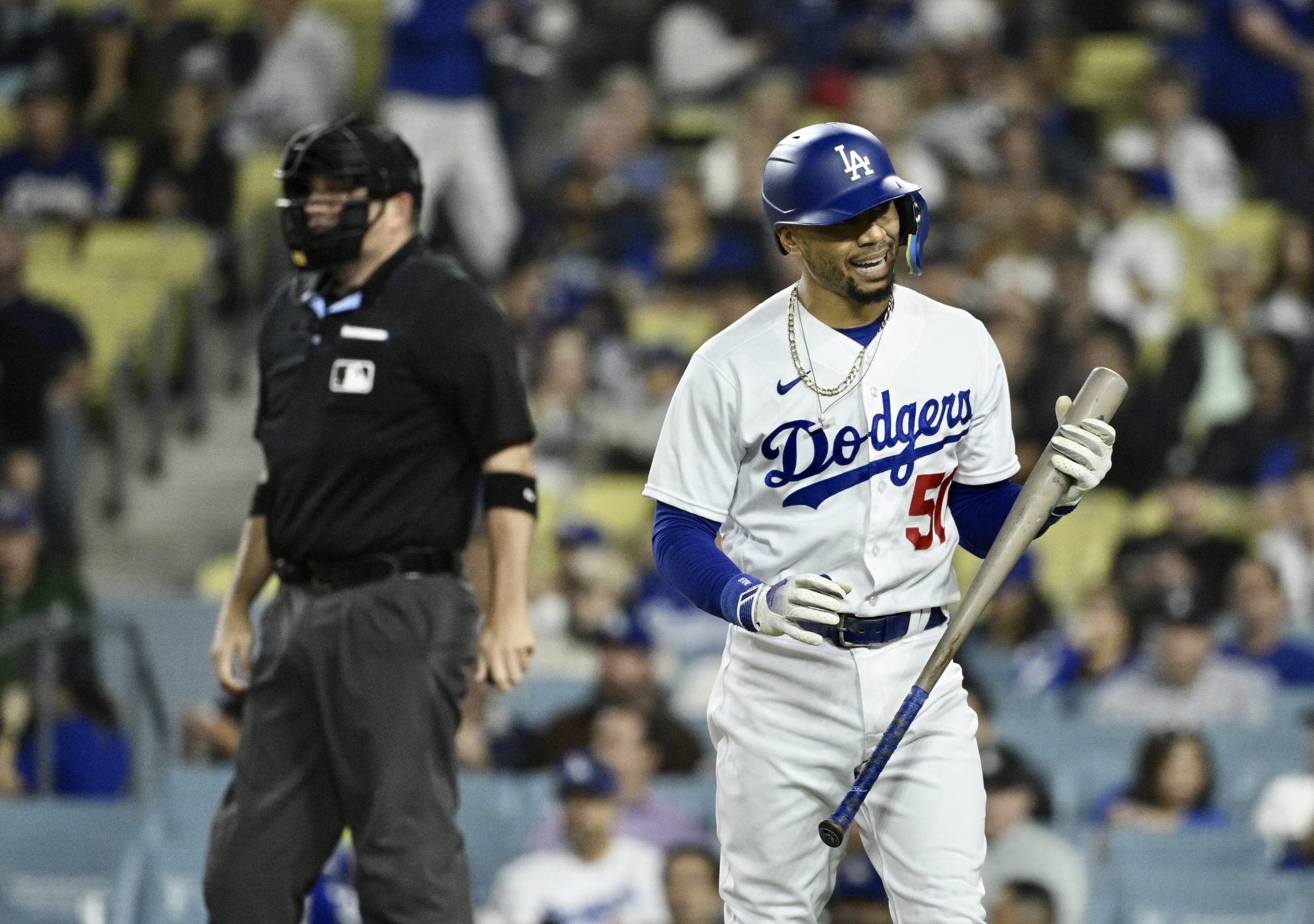 Dodgers star Mookie Betts shows his frustration with home plate...