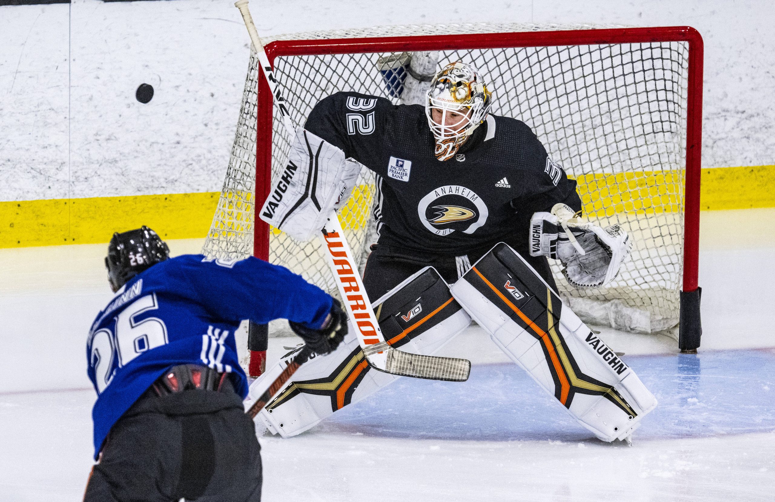 Ducks goaltender Alex Stalock stops a shot on goal by...