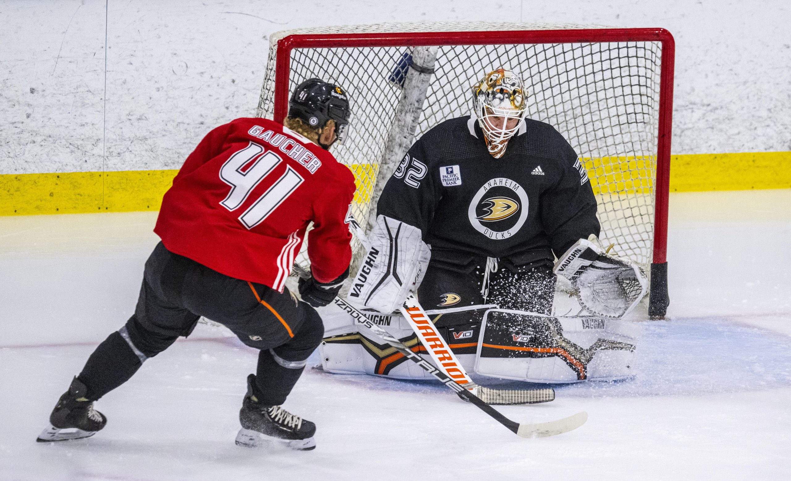 Ducks goaltender Alex Stalock stops a shot on goal by...