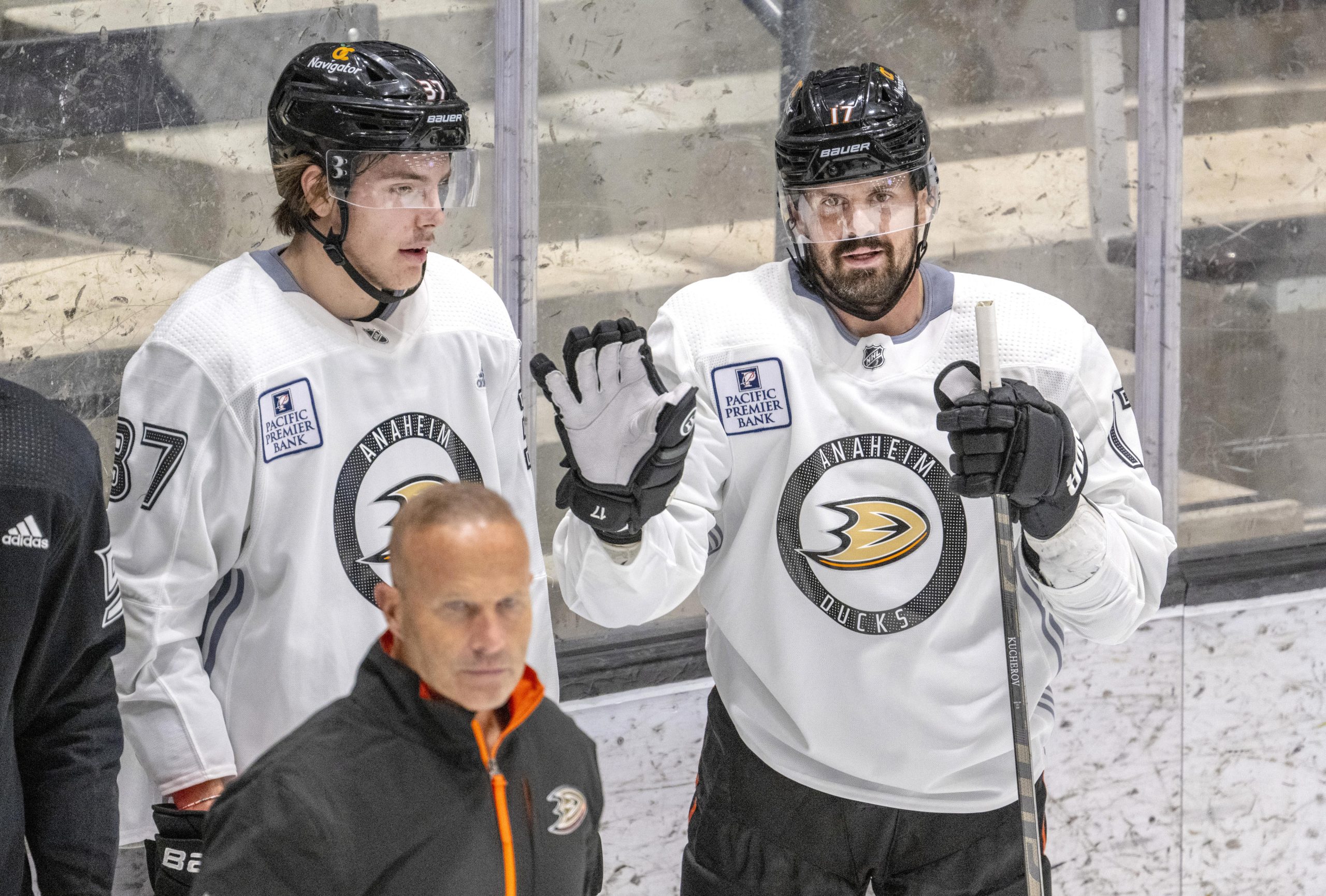 New Ducks players Leo Carlsson, left, and Alex Killorn, right,...