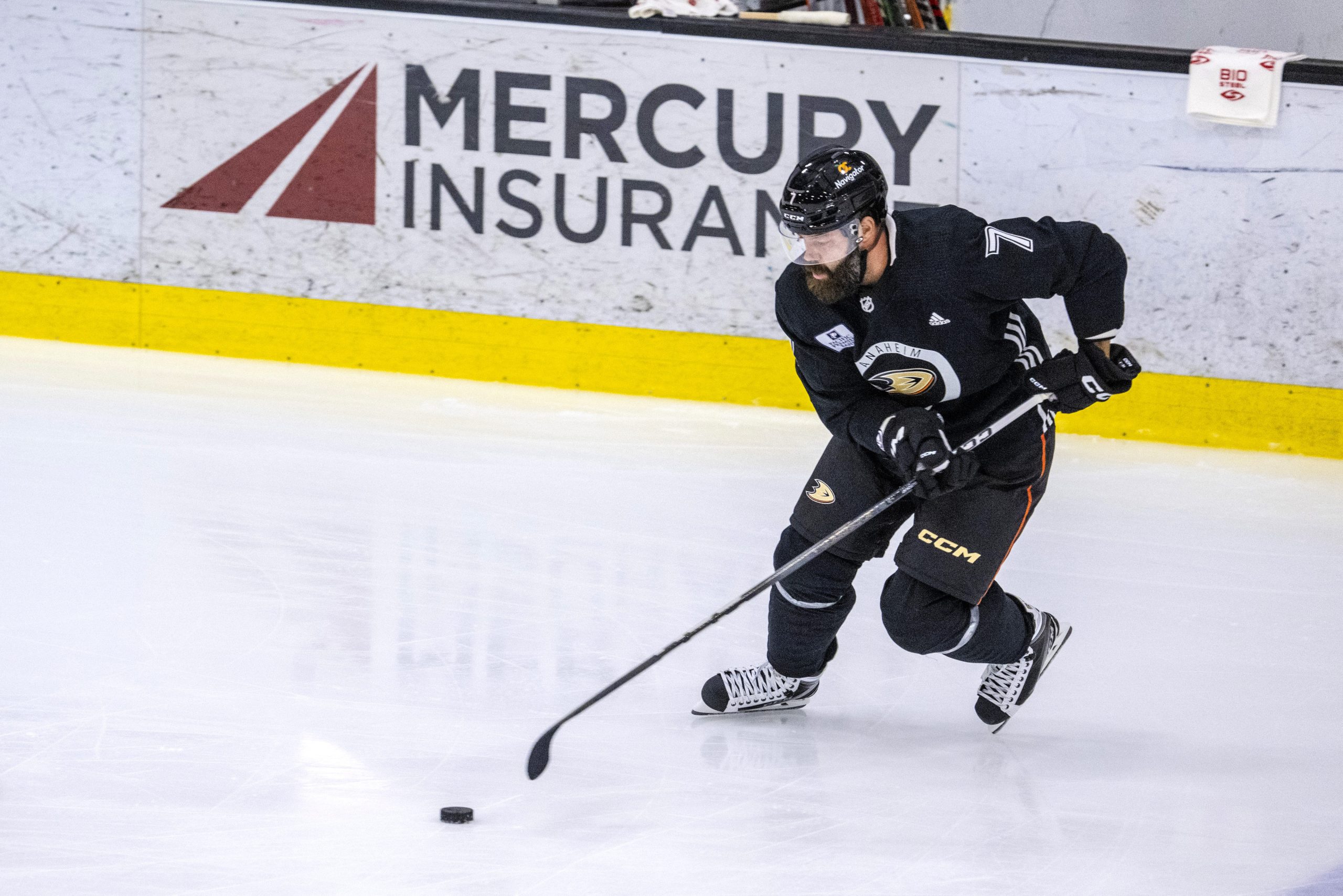 The Ducks’ Radko Gudas skates with the puck during the...