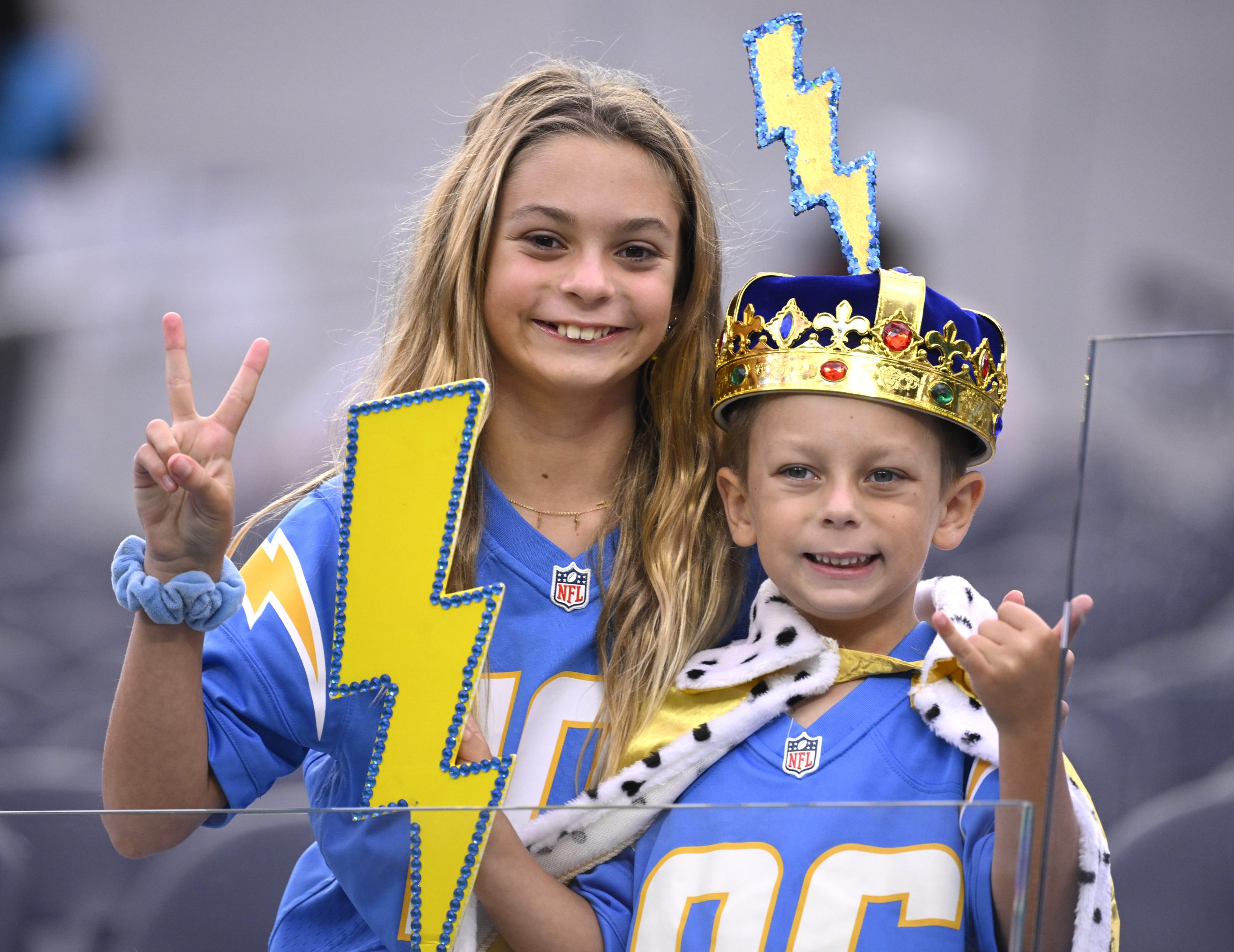 Young Los Angeles Chargers fans prior to a NFL football...