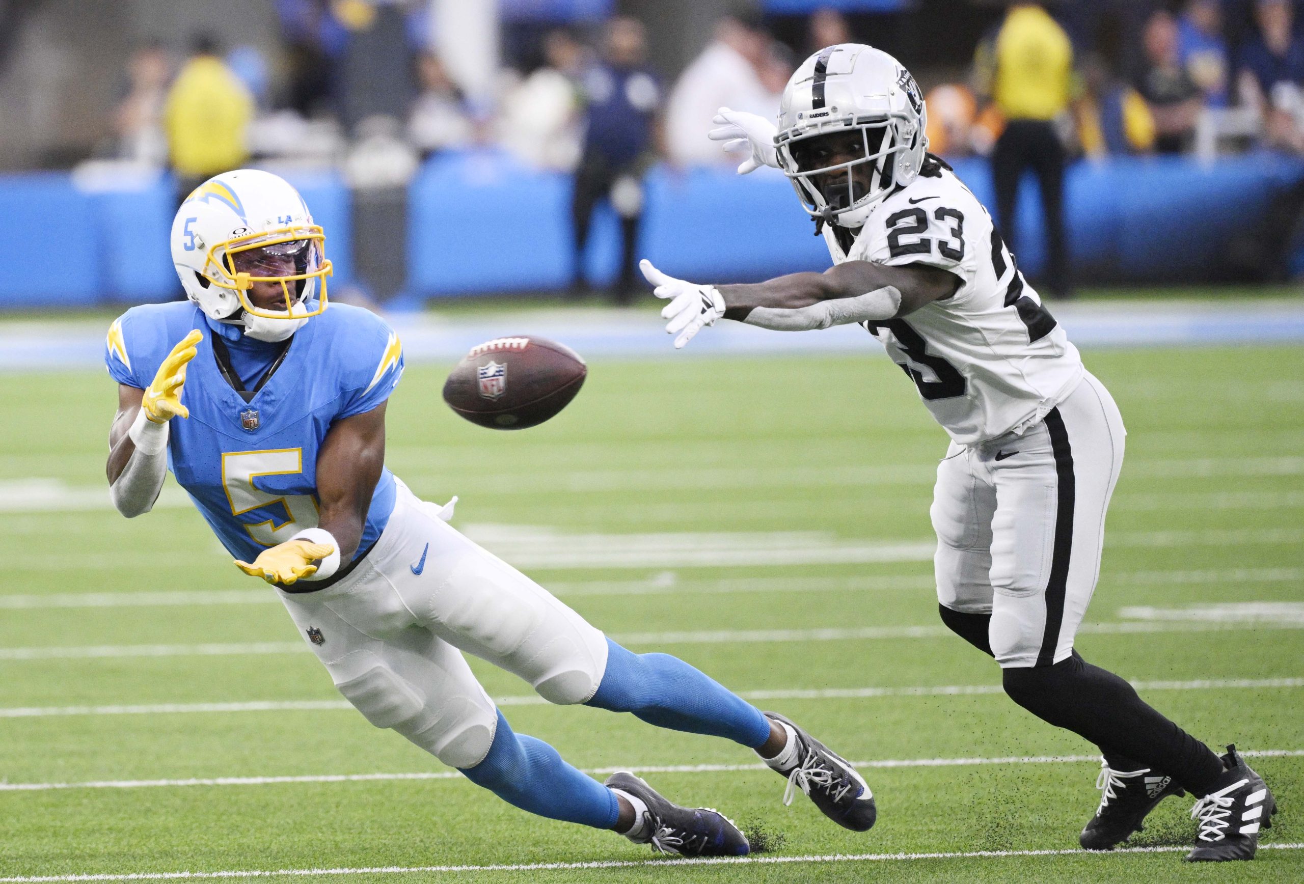 Wide receiver Joshua Palmer #5 of the Los Angeles Chargers...