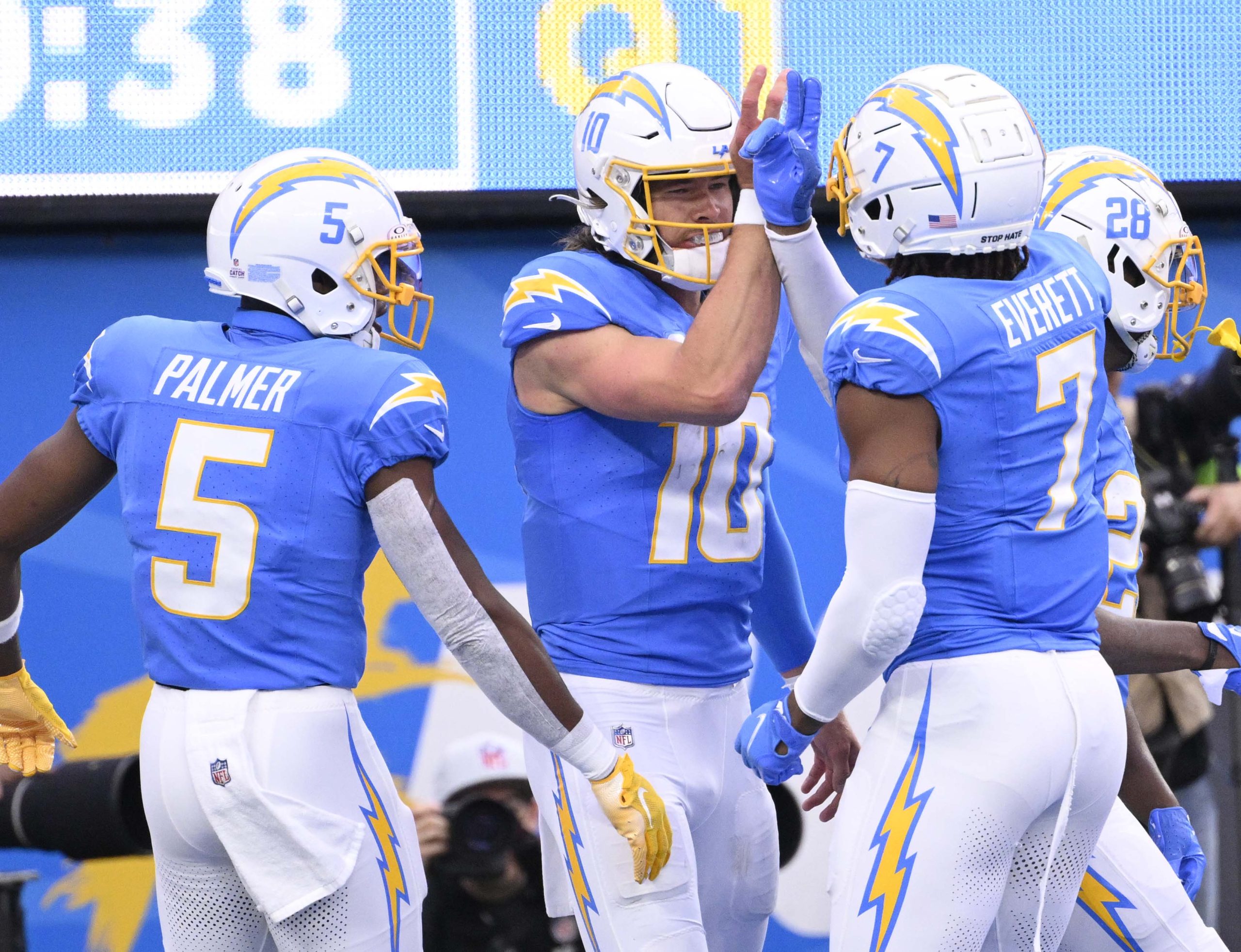 Quarterback Justin Herbert #10 of the Los Angeles Chargers celebrates...