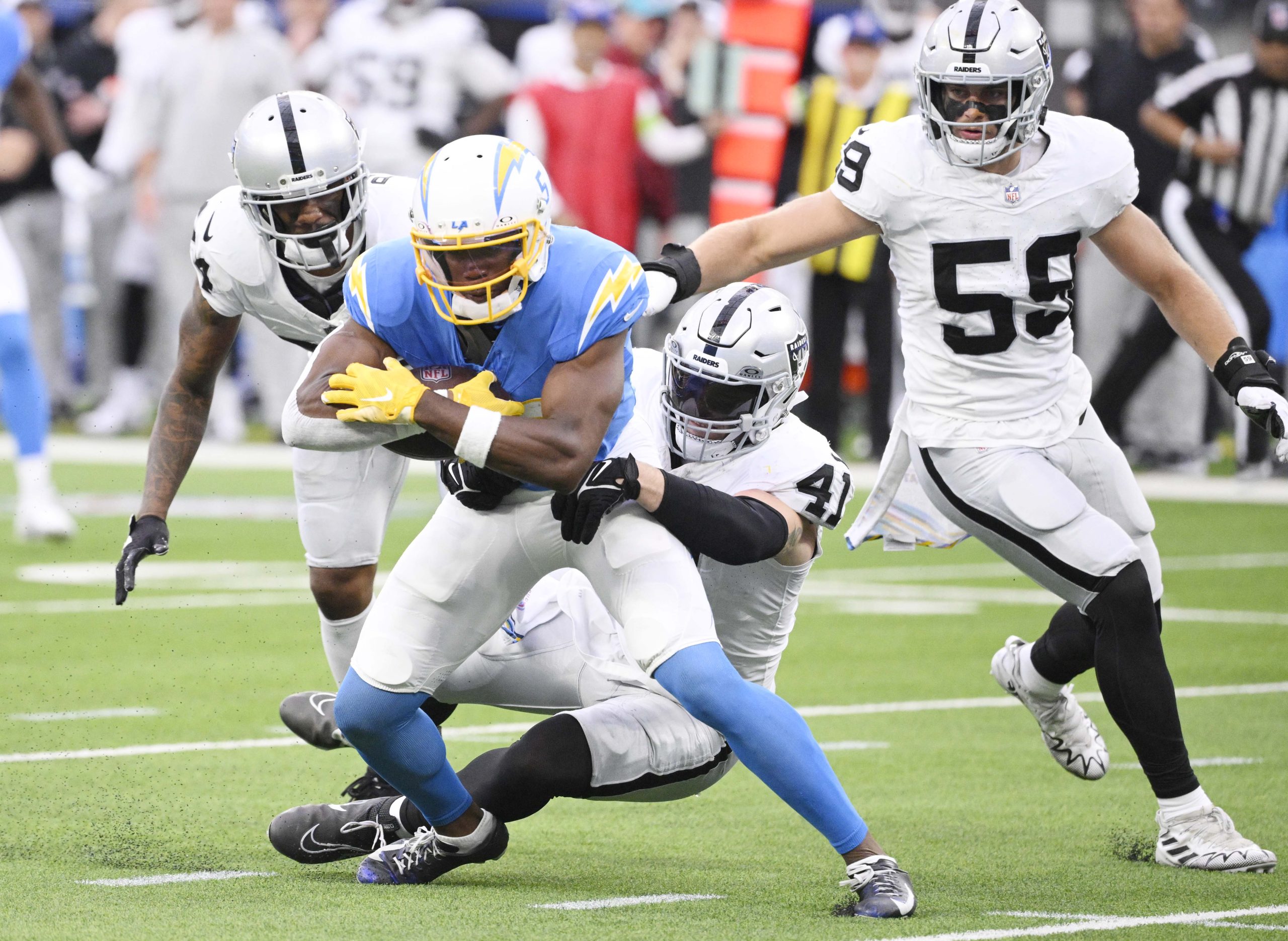 Wide receiver Joshua Palmer #5 of the Los Angeles Chargers...