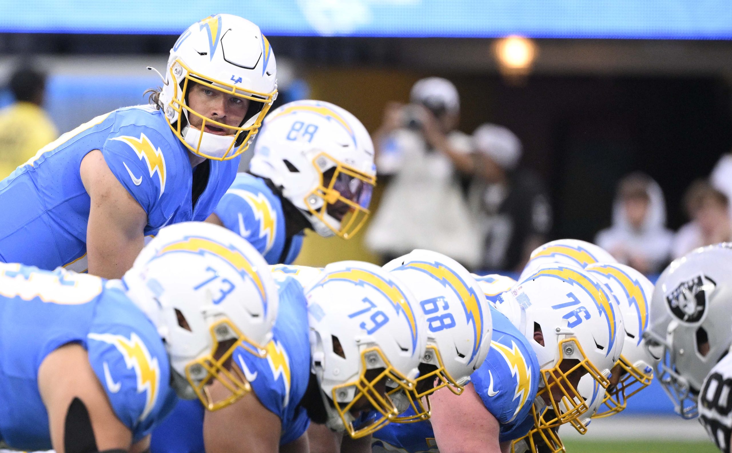 Quarterback Justin Herbert #10 of the Los Angeles Chargers looks...