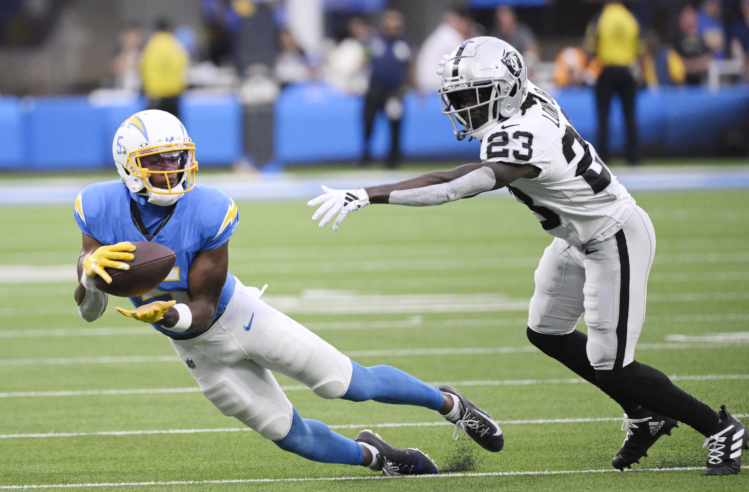 Wide receiver Joshua Palmer #5 of the Los Angeles Chargers...