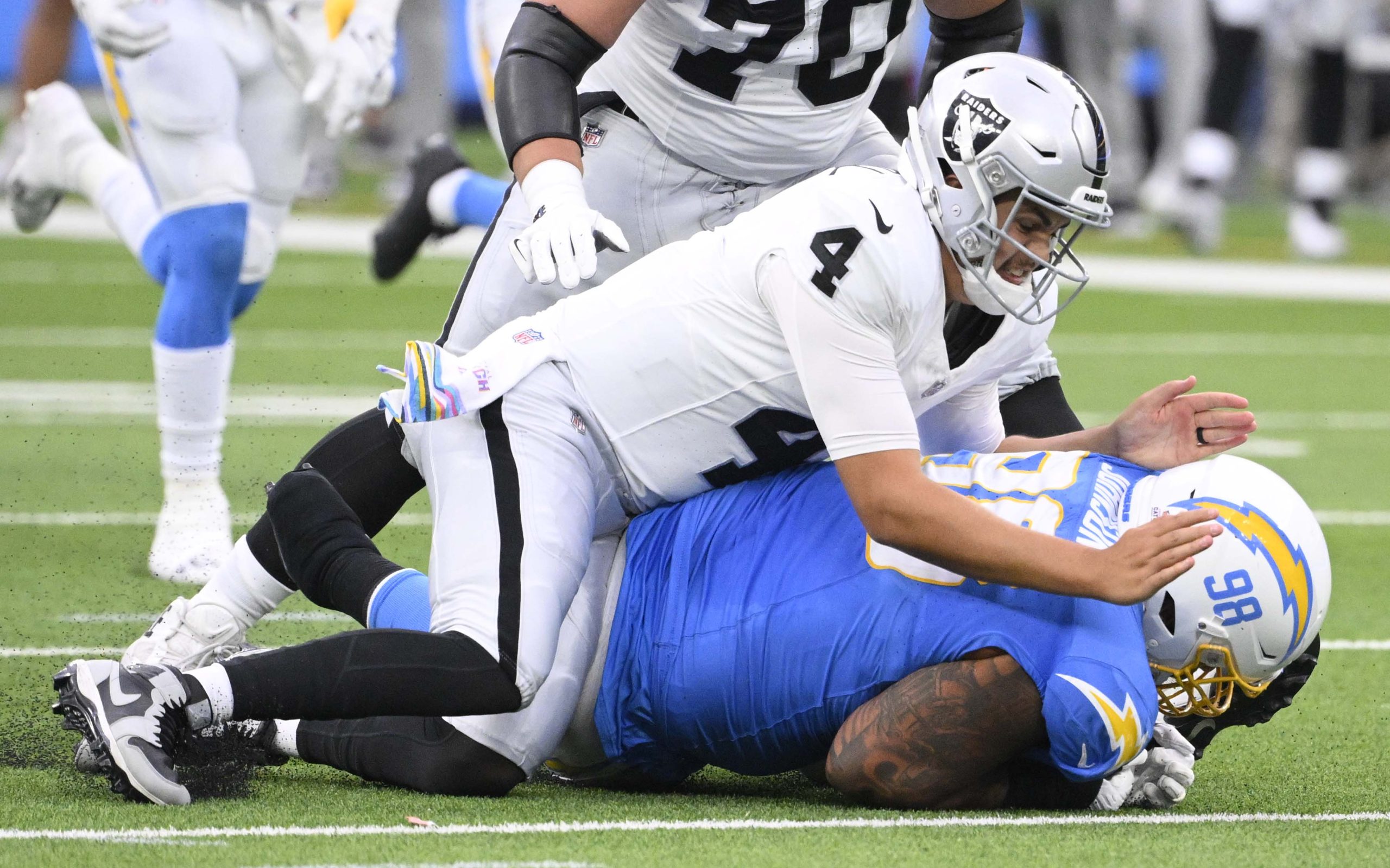 Defensive tackle Austin Johnson #98 of the Los Angeles Chargers...
