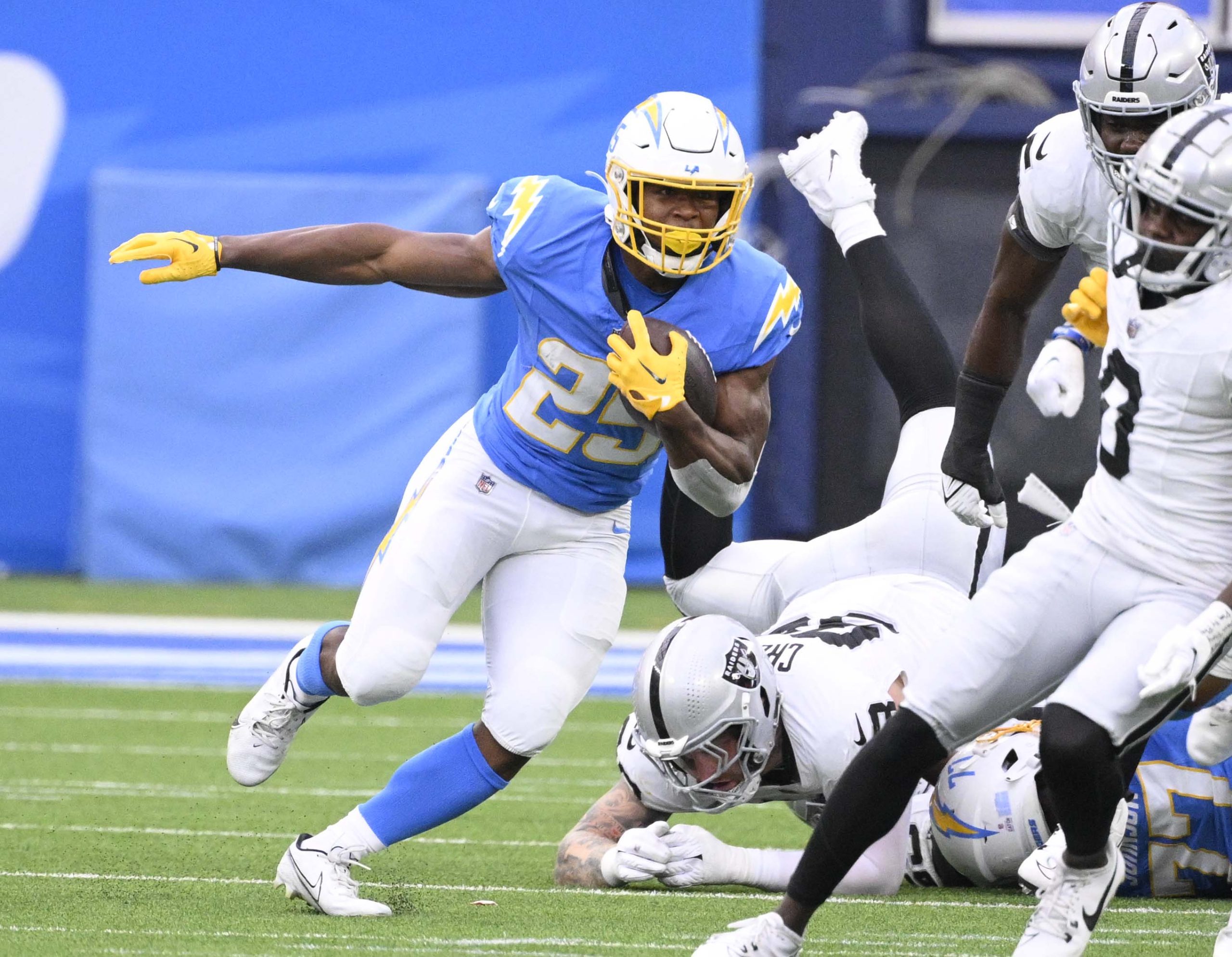 Running back Joshua Kelley #25 of the Los Angeles Chargers...