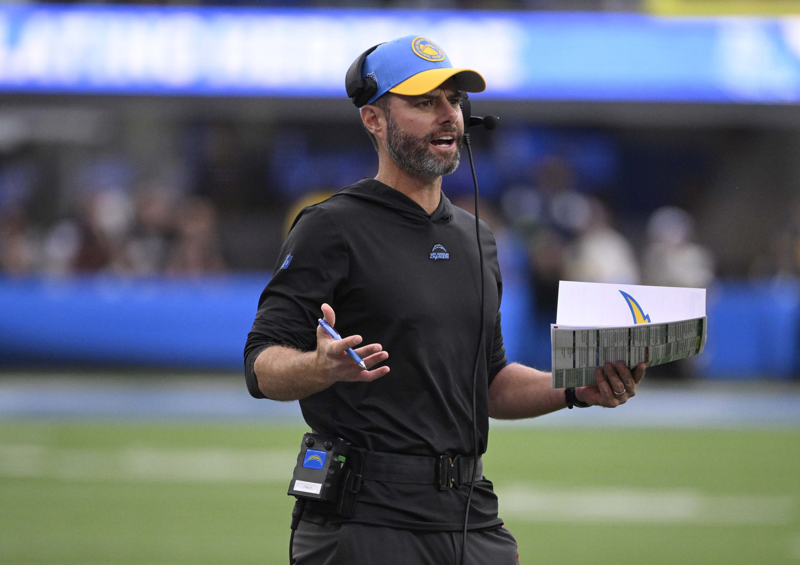 Head coachBrandon Staley of the Los Angeles Chargers looks on...