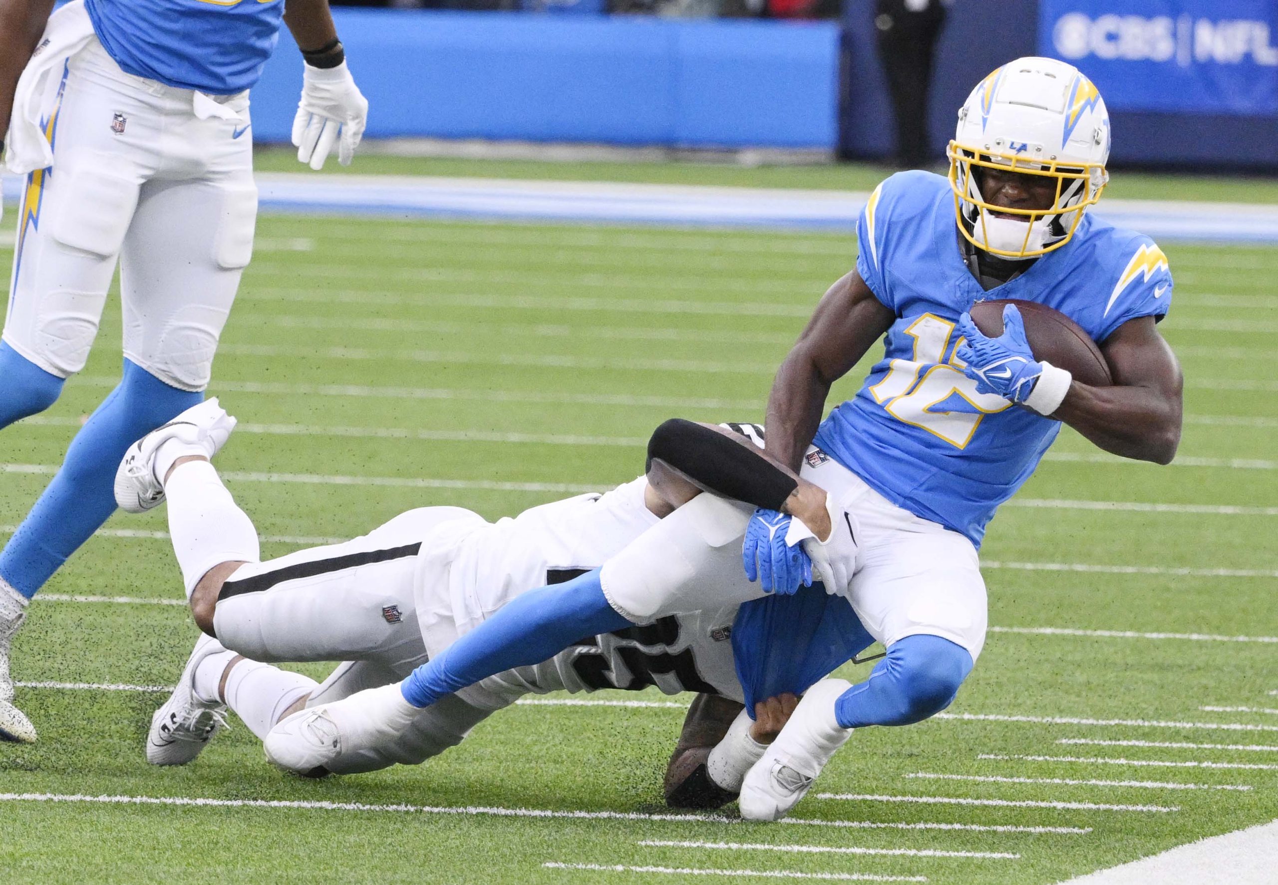 Wide receiver Derius Davis #12 of the Los Angeles Chargers...