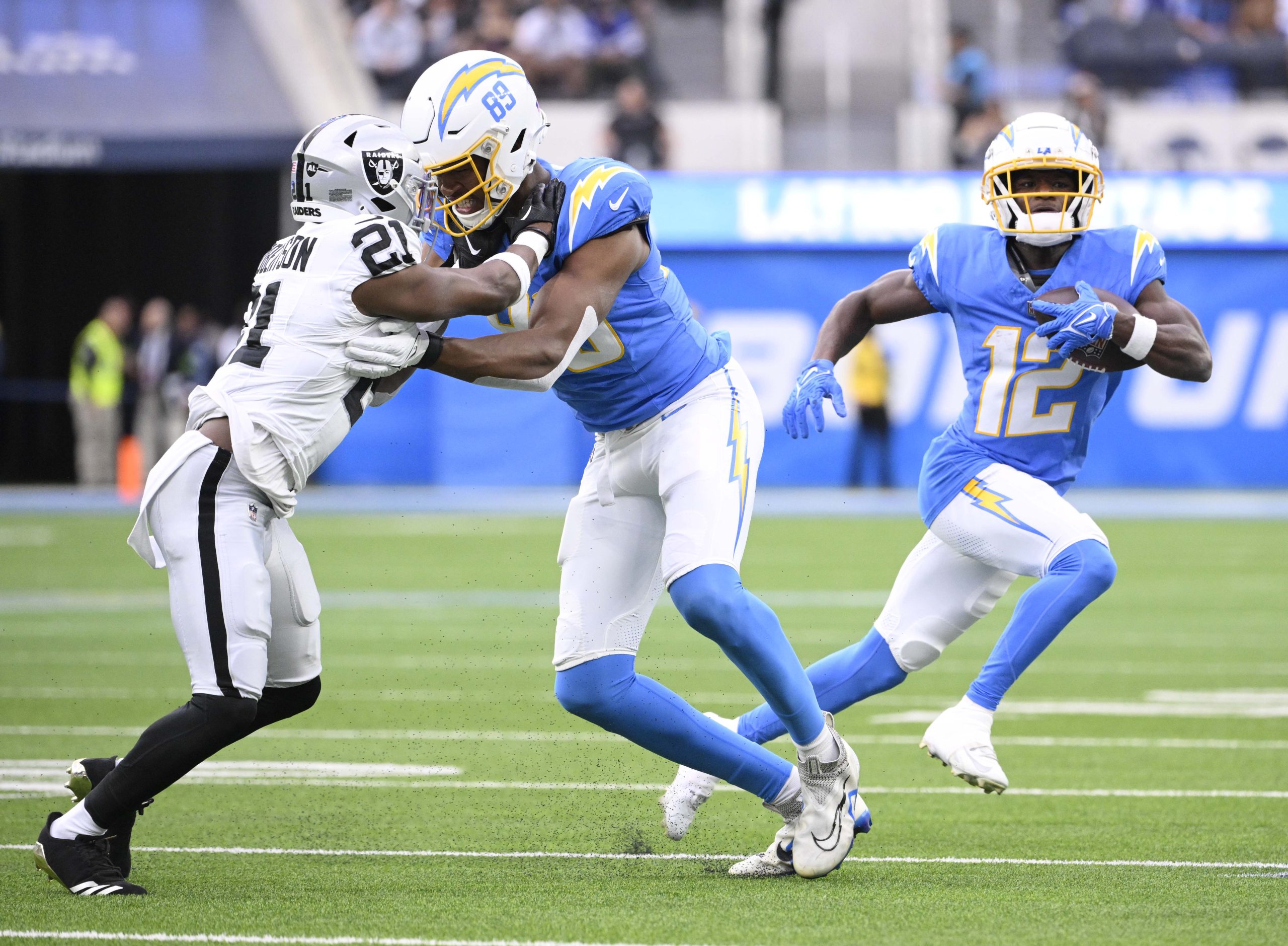 Wide receiver Derius Davis #12 of the Los Angeles Chargers...