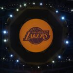May 20, 2023; Los Angeles, California, USA; The Los Angeles Lakers logo on the video board during game three of the Western Conference Finals for the 2023 NBA playoffs at Crypto.com Arena. Mandatory Credit: Kirby Lee-USA TODAY Sports