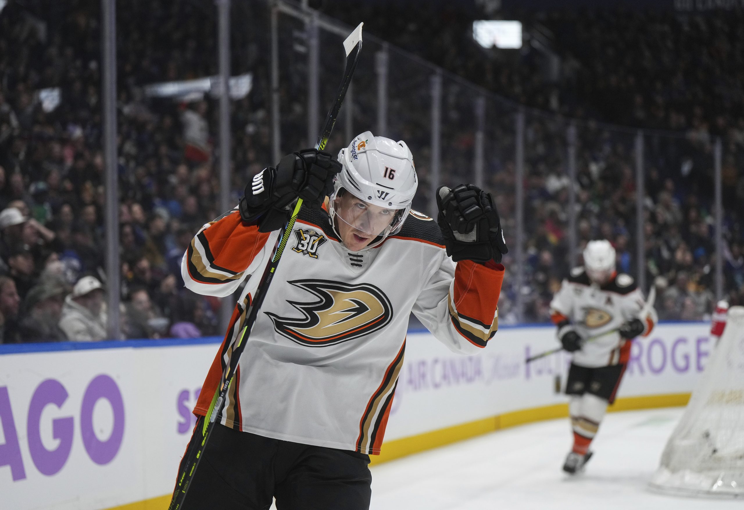 The Ducks’ Ryan Strome celebrates after scoring goal during the...