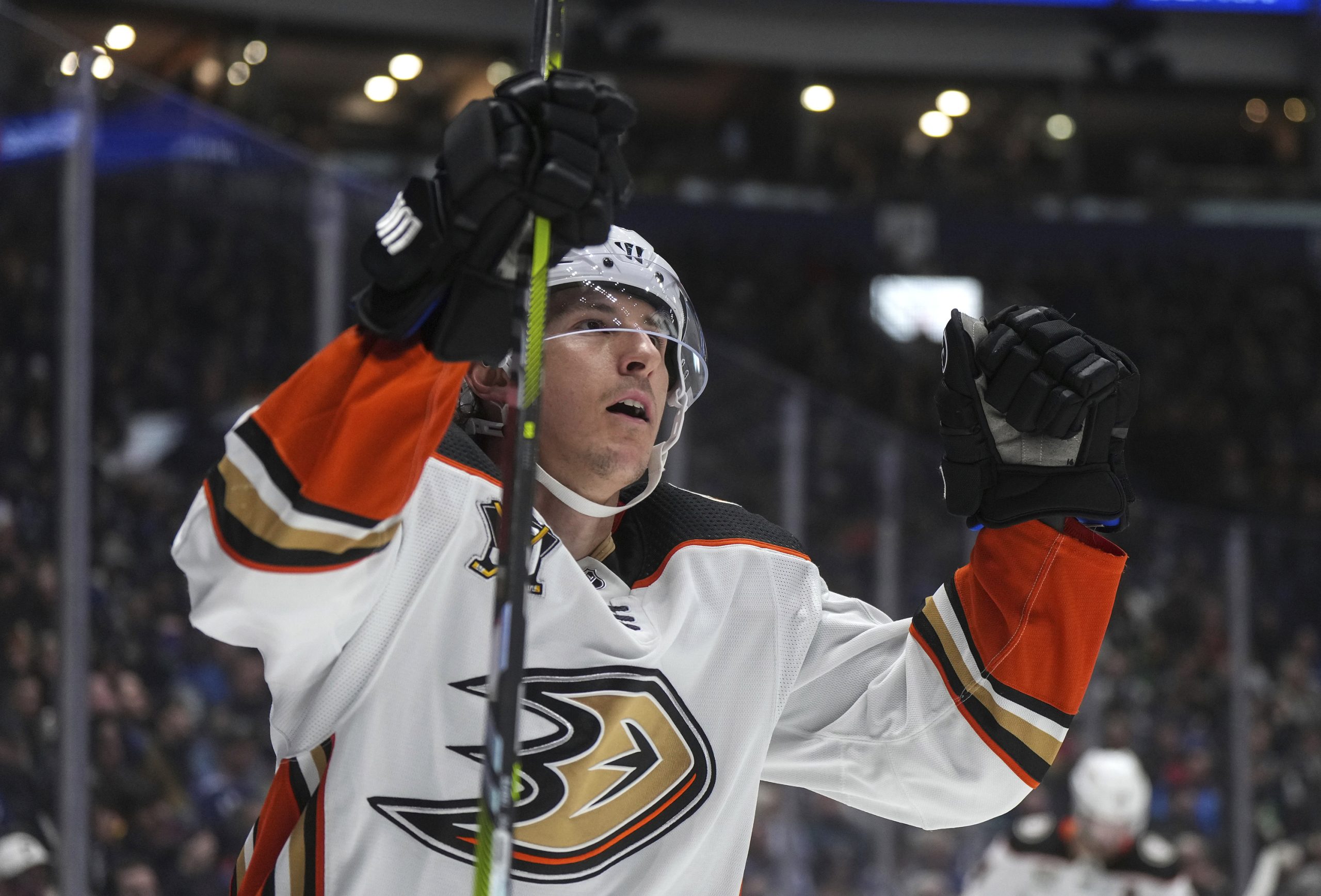 The Ducks’ Ryan Strome celebrates after scoring a goal during...
