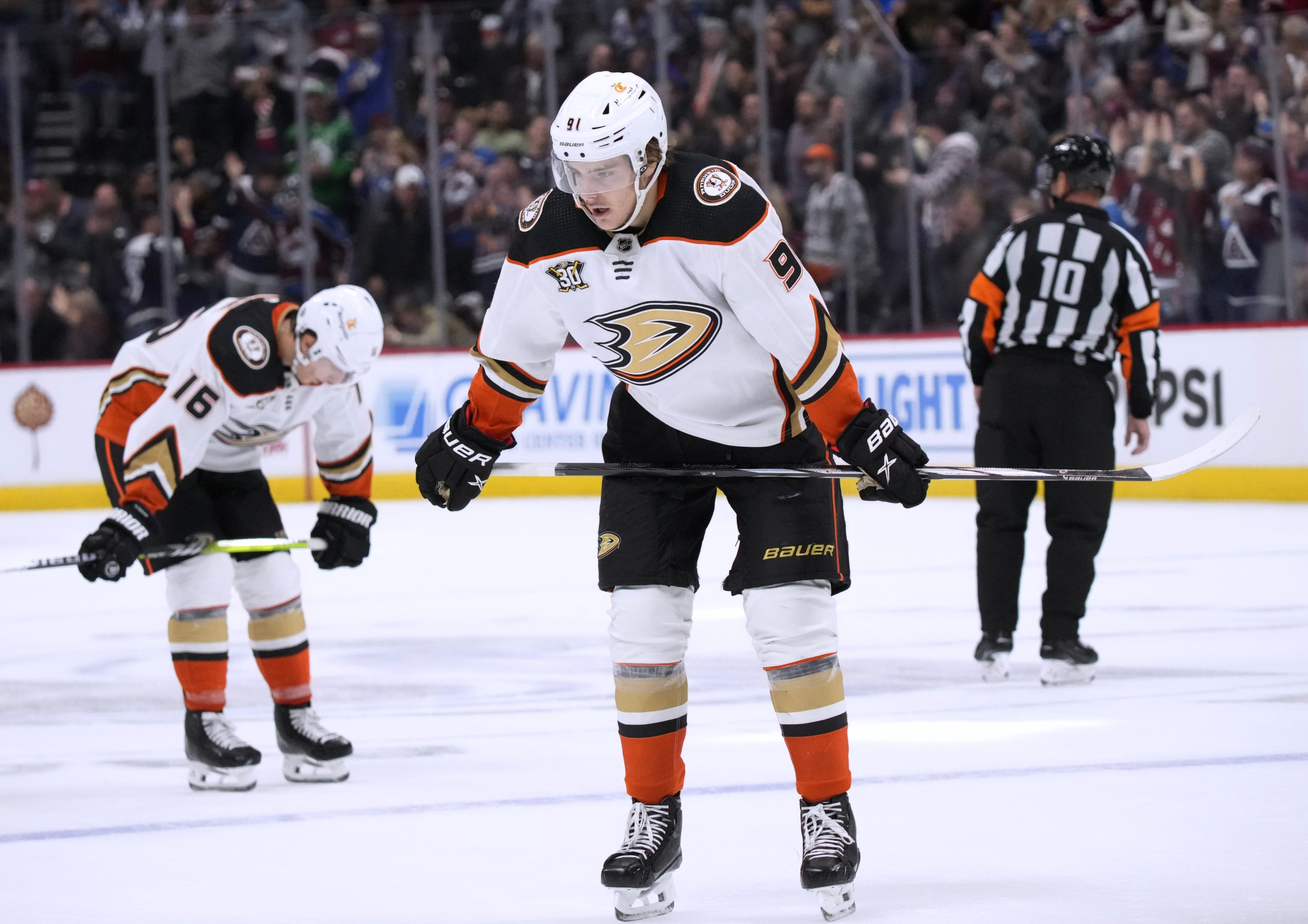 Ducks centers Leo Carlsson, front, and Ryan Strome show their...