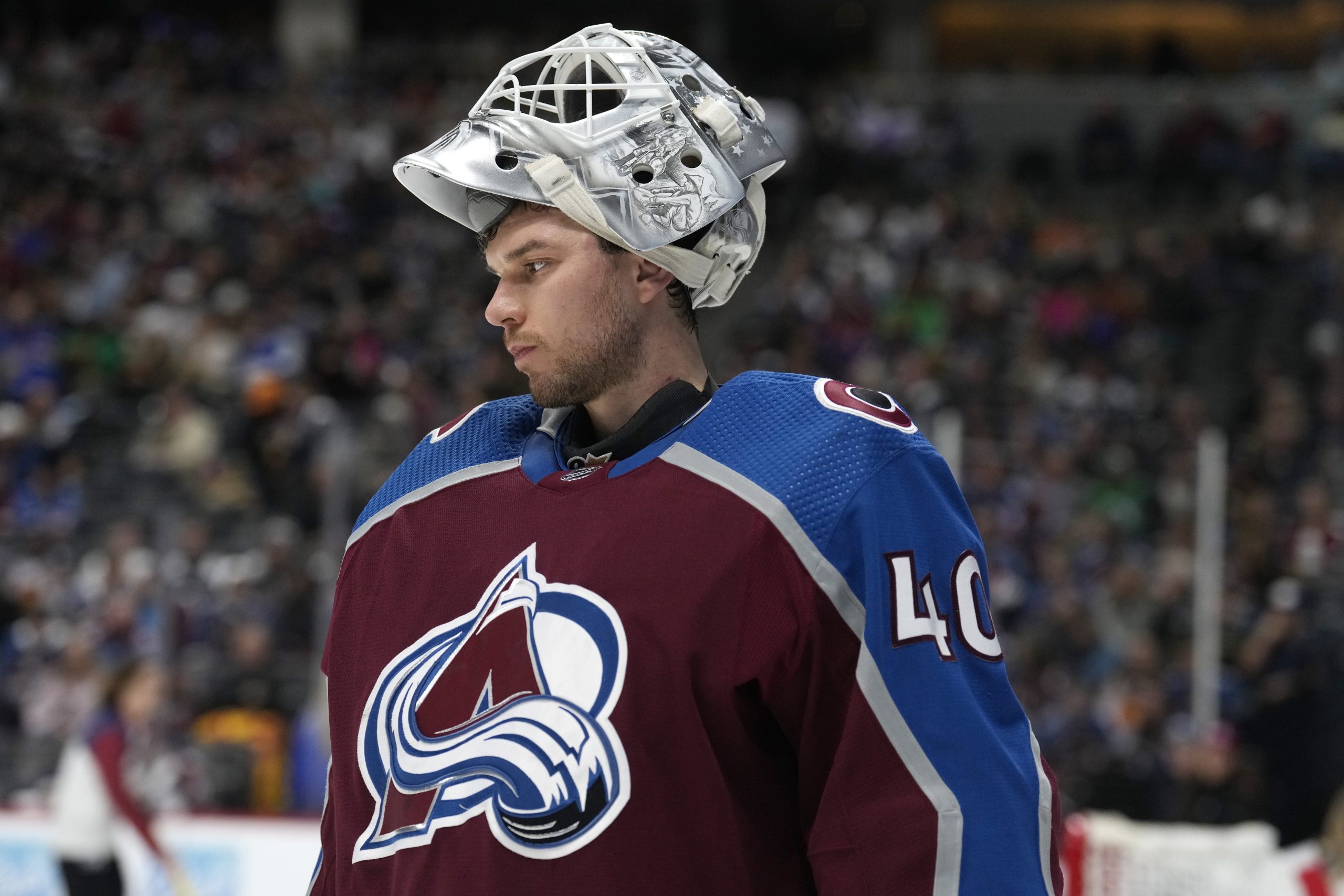 Colorado Avalanche goaltender Alexandar Georgiev waits for play to resume...