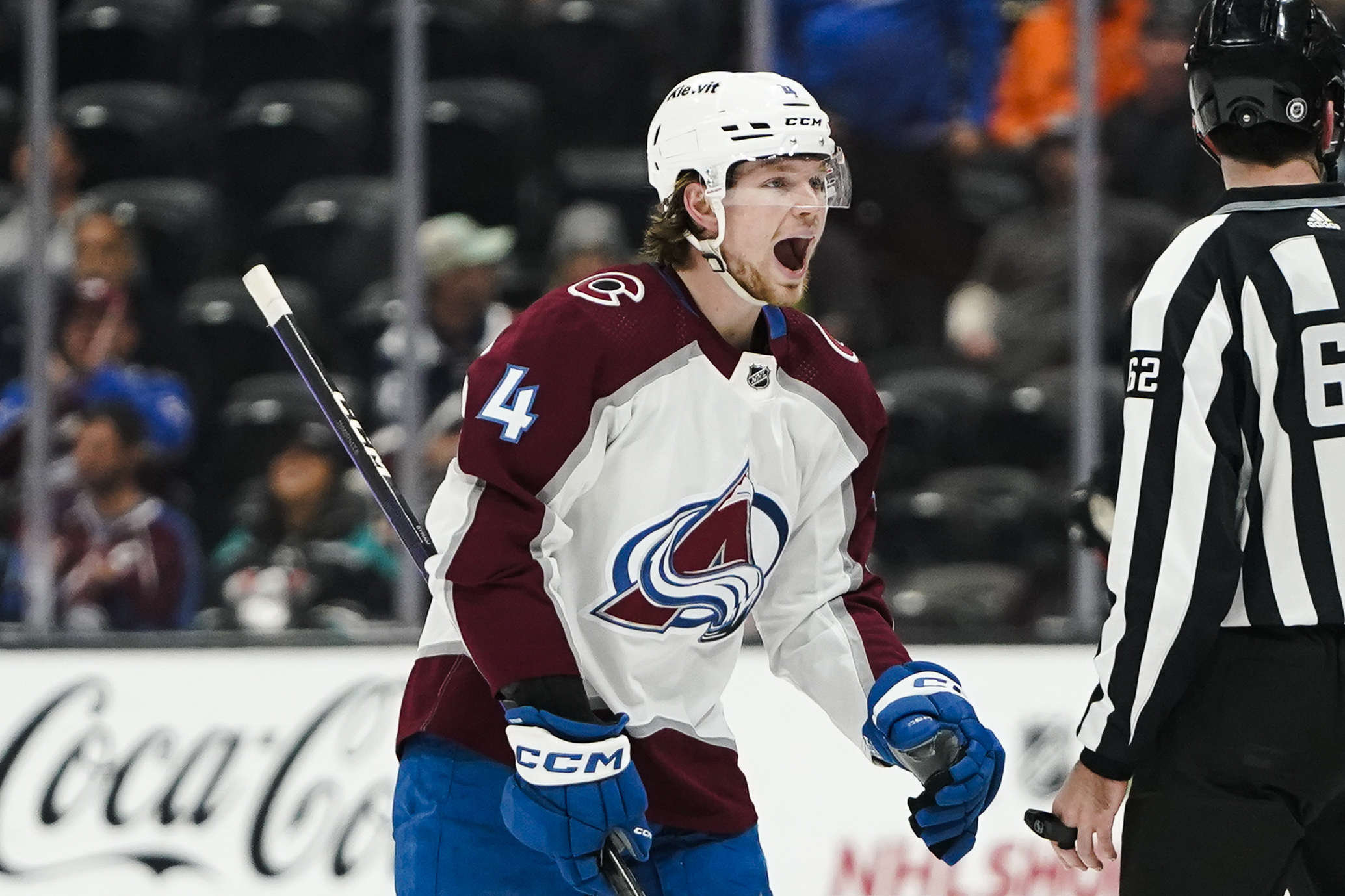 Colorado Avalanche defenseman Bowen Byram reacts after scoring against the...