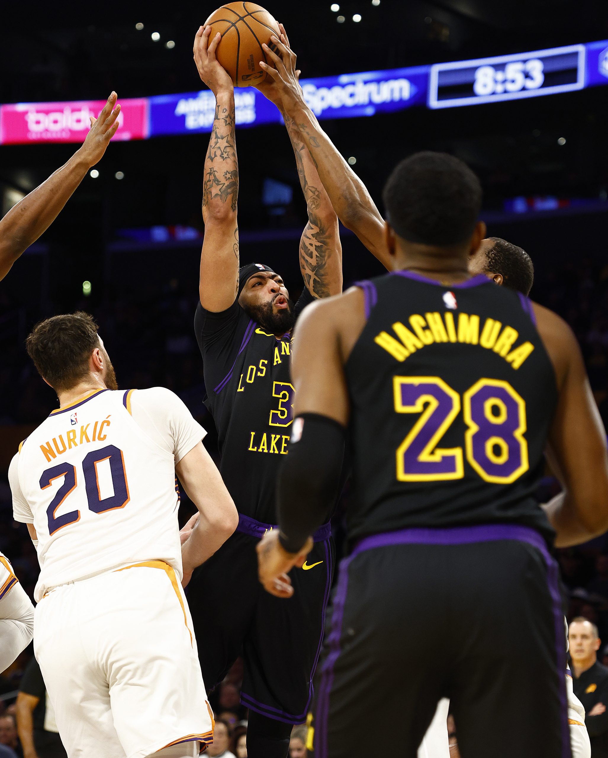 Lakers star Anthony Davis takes a shot during the second...