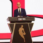 NBA commissioner Adam Silver announces Amen Thompson as the fourth selection by the Houston Rockets in the first round of the 2023 NBA Draft at Barclays Arena.