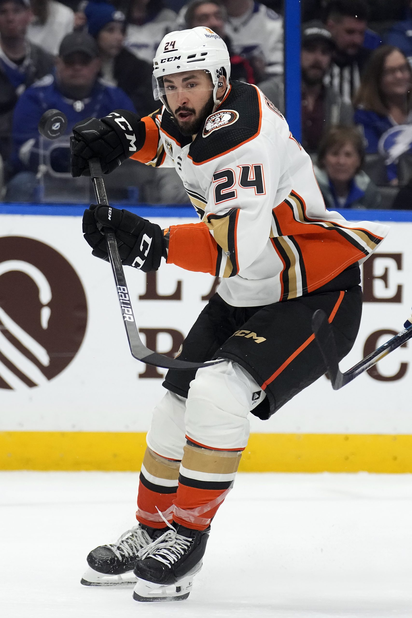 Anaheim Ducks center Bo Groulx (24) deflects a shot against...