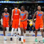 Oklahoma City Thunder guard Shai Gilgeous-Alexander (2) and forward Chet Holmgren (7) and forward Jalen Williams (8) and forward Jaylin Williams (6) break huddle in the fourth quarter against the Denver Nuggets at Ball Arena.