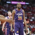 Phoenix Suns forward Kevin Durant (35) reacts after a play during the first quarter against the Houston Rockets at Toyota Center.