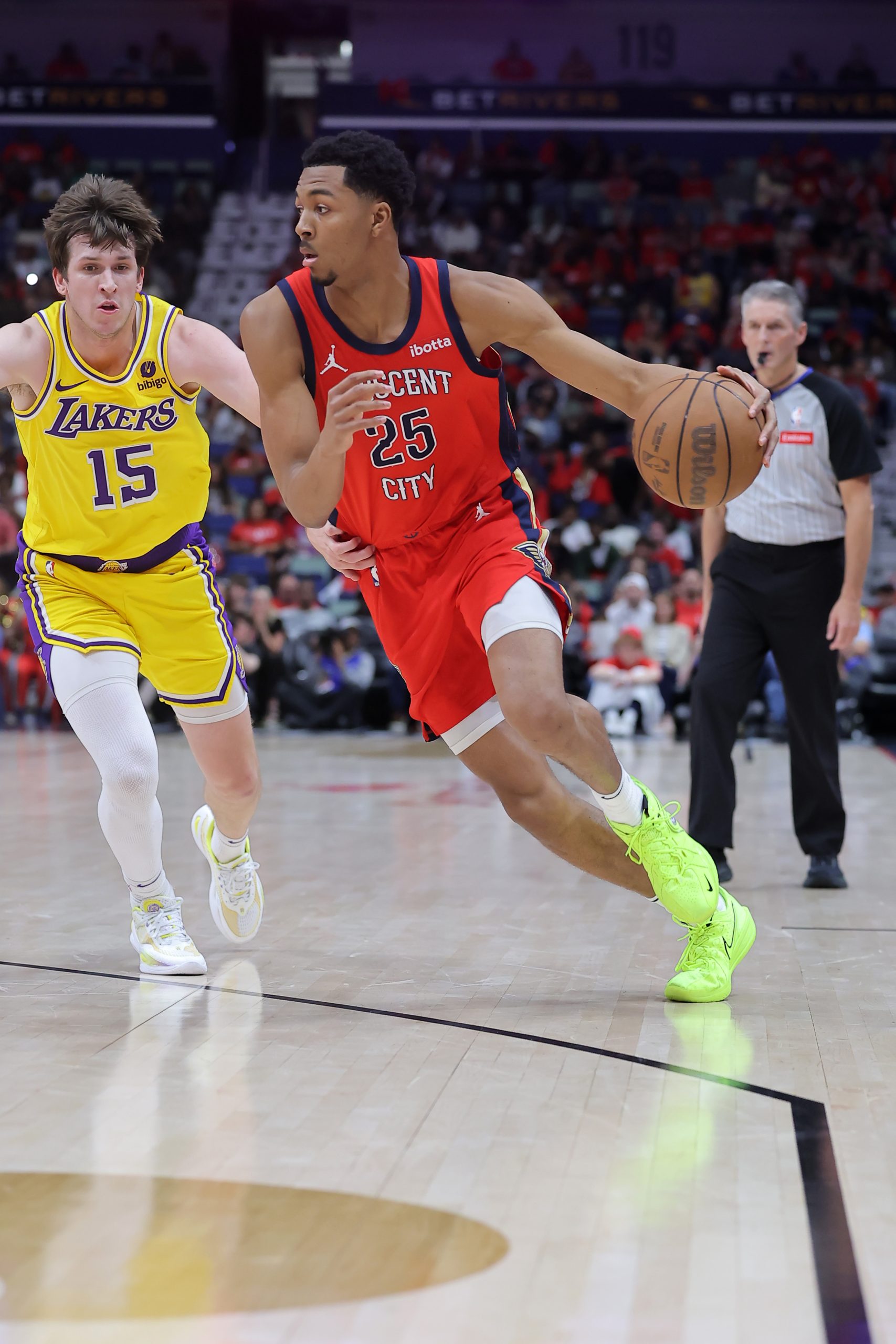 The New Orleans Pelicans’ Trey Murphy III drives as Lakers...