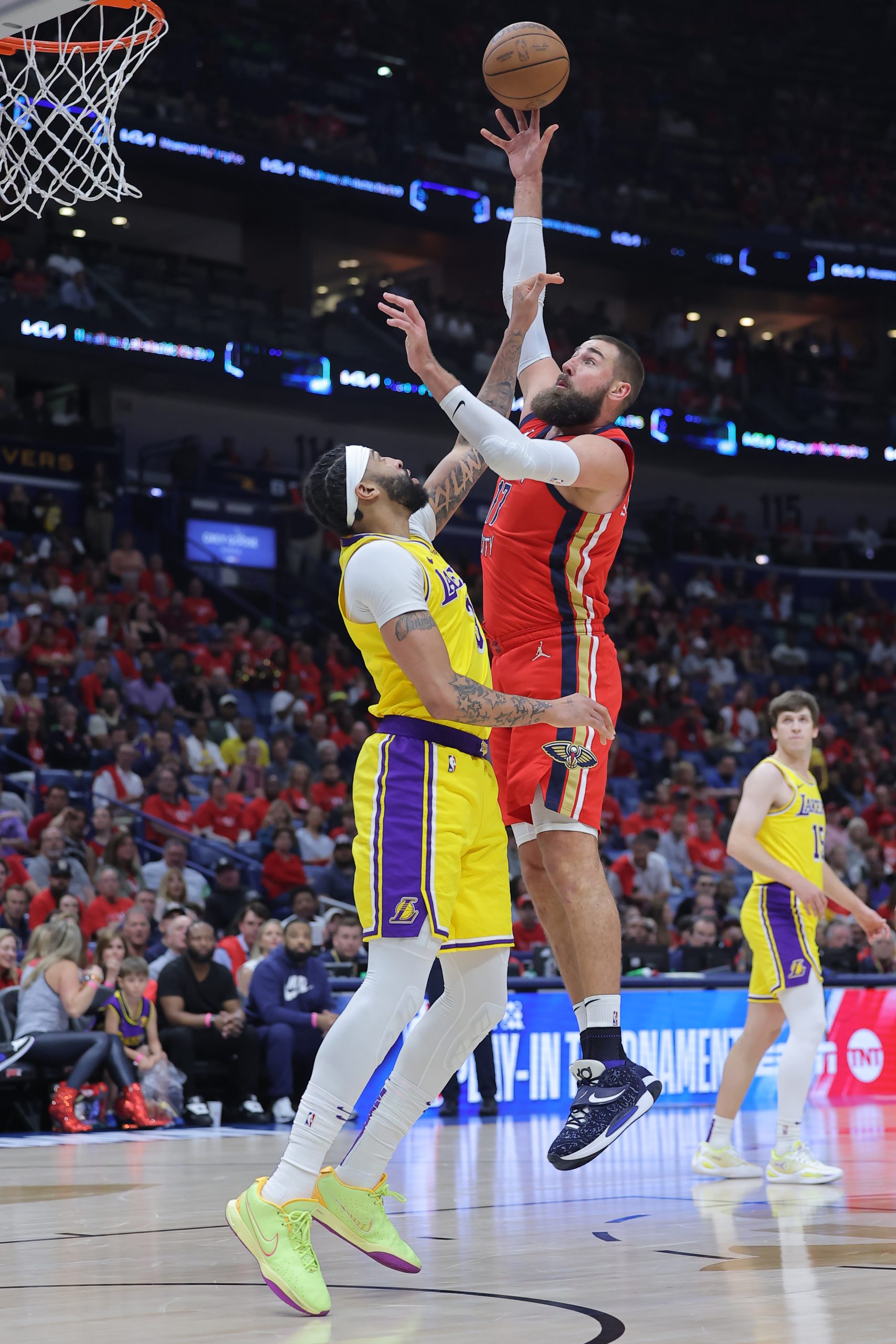 New Orleans Pelicans center Jonas Valanciunas shoots as Lakers star...
