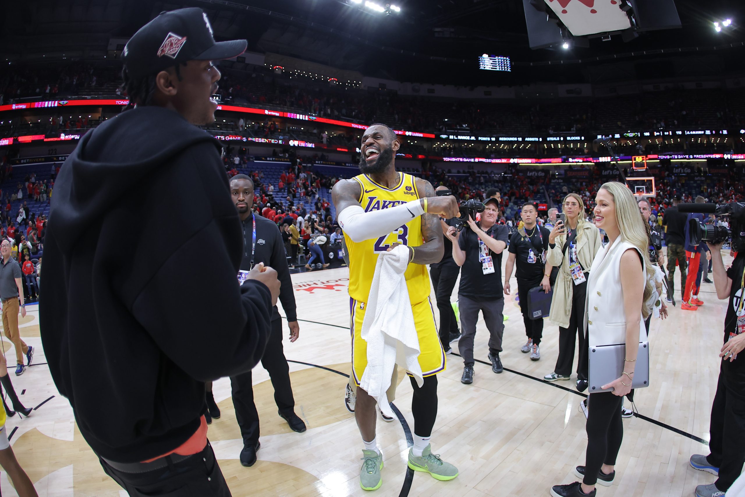Lakers star LeBron James celebrates after their victory over the...