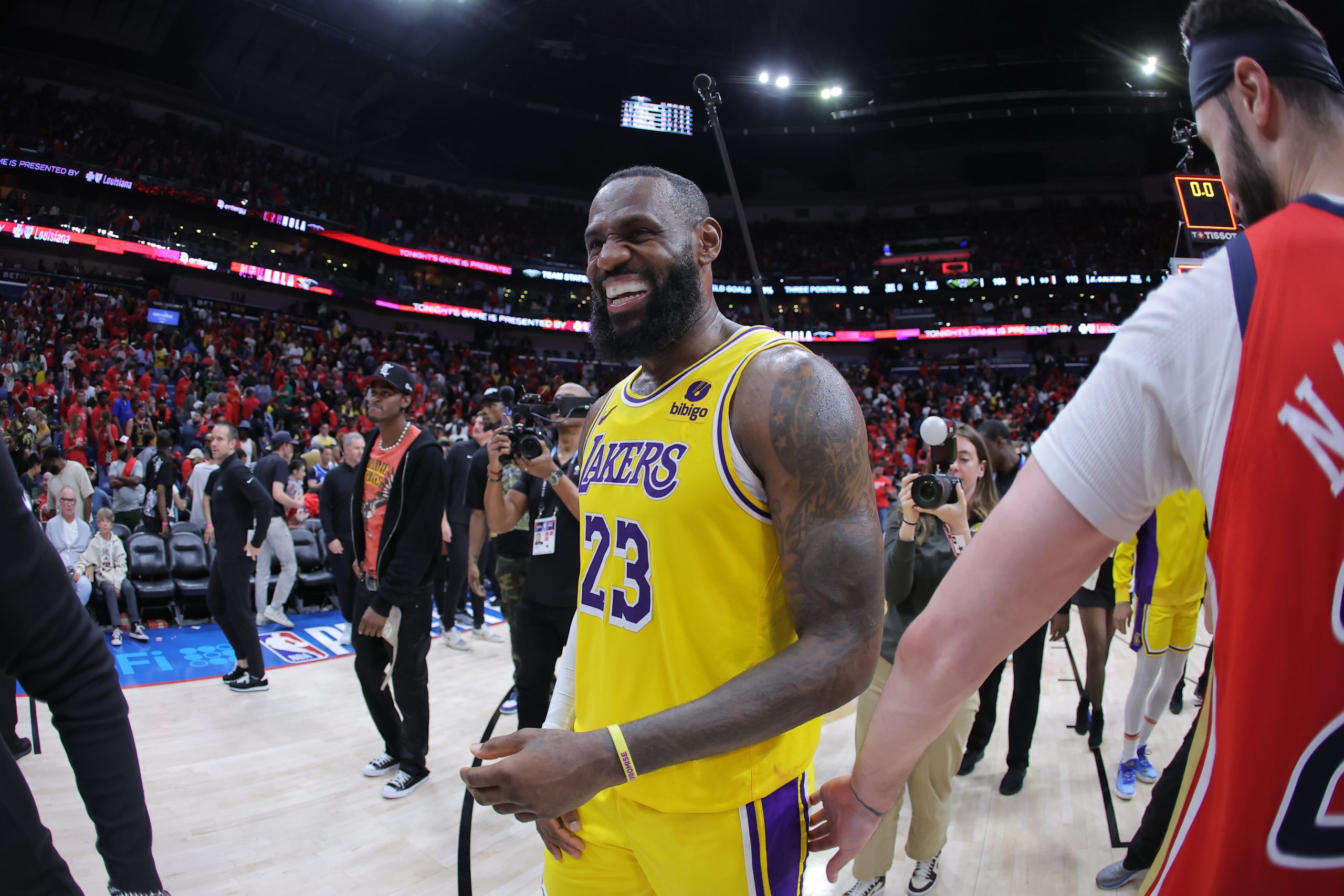 Lakers star LeBron James celebrates after their victory over the...