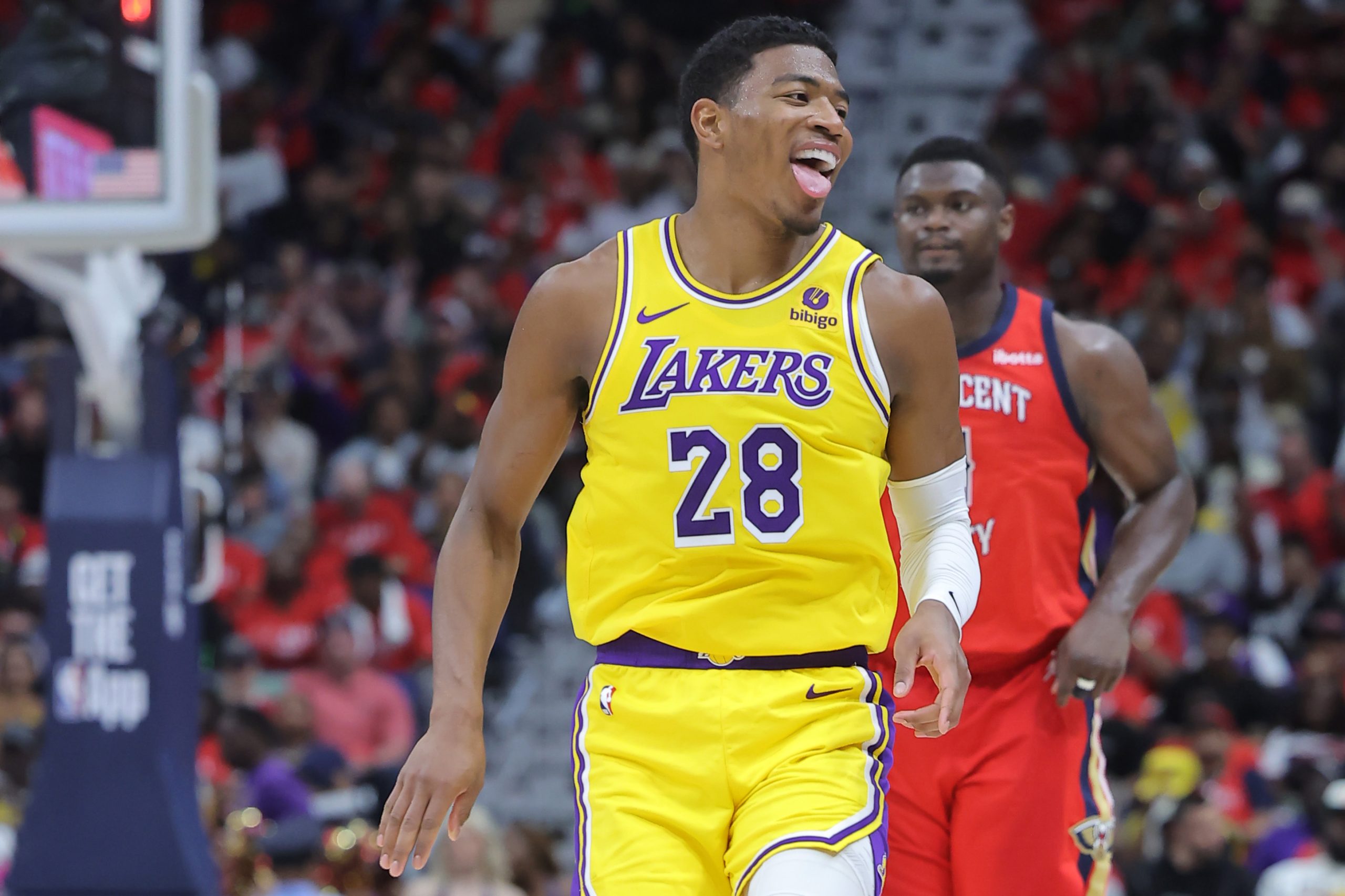 Lakers forward Rui Hachimura celebrates a basket during the second...