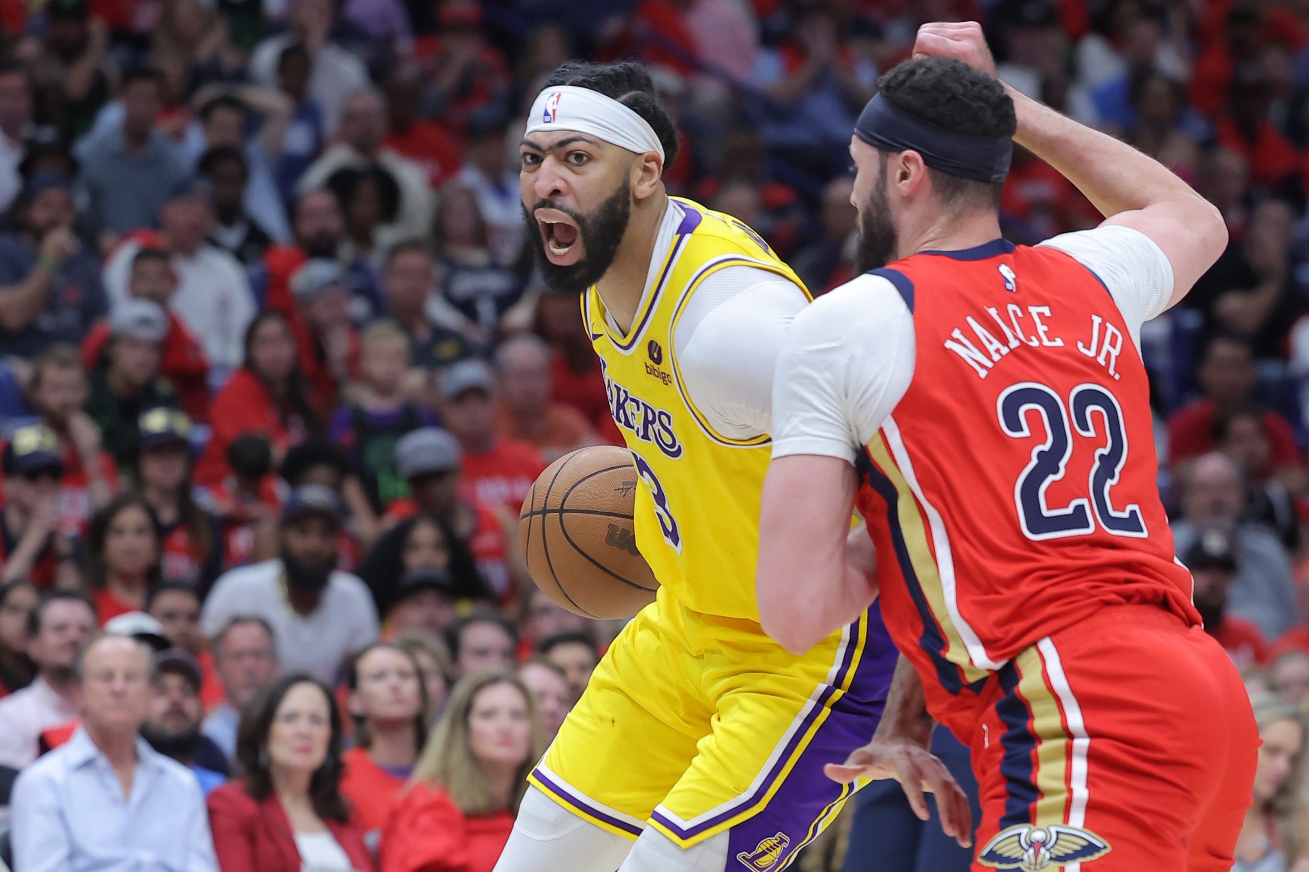 Lakers star Anthony Davis drives as New Orleans Pelicans forward...