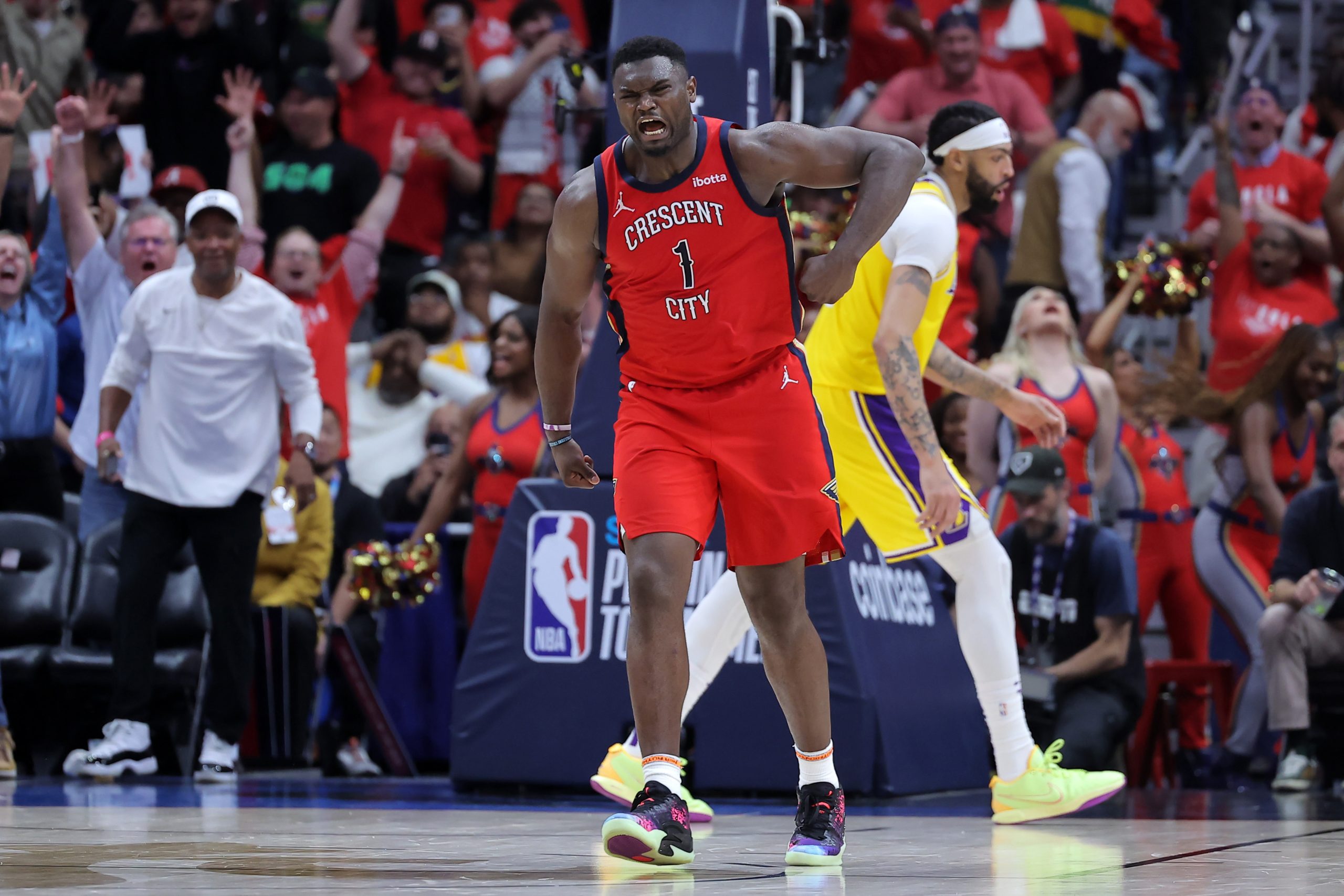 New Orleans Pelicans star Zion Williamson reacts during the second...