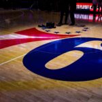 May 11, 2023; Philadelphia, Pennsylvania, USA; General view of center court with the Philadelphia 76ers logo before game six of the 2023 NBA playoffs against the Boston Celtics at Wells Fargo Center. Mandatory Credit: Bill Streicher-USA TODAY Sports