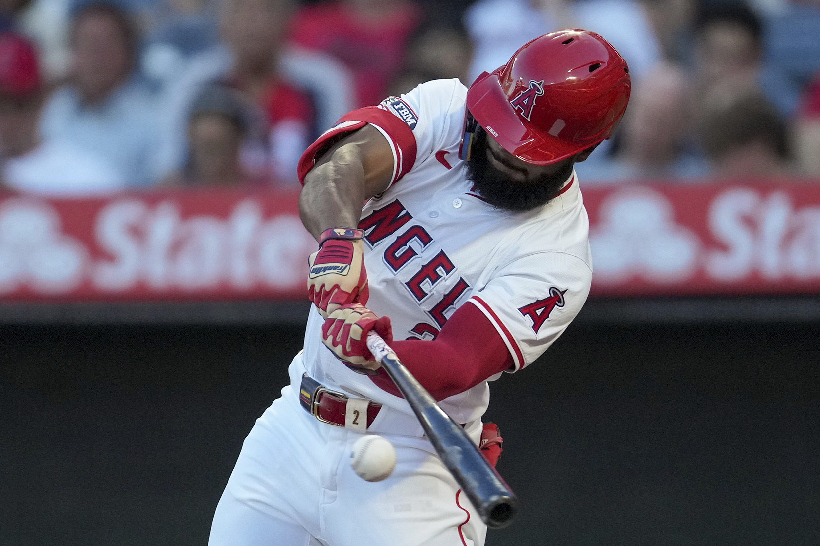 Los Angeles Angels’ Luis Rengifo hits a ball foul during...