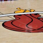 A general view of the Miami Heat logo mid court prior to the game between the Miami Heat and the New Orleans Pelicans at American Airlines Arena.