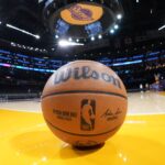 Apr 9, 2024; Los Angeles, California, USA; A Wilson official NBA game ball on the court at Crypto.com Arena. Mandatory Credit: Kirby Lee-USA TODAY Sports