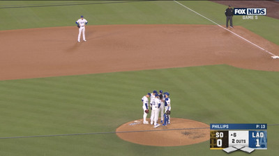 A mound visit between Will Smith, Evan Phillips and Dodgers infielders in the sixth inning of Game 5 of the 2024 NLDS. But it wasn’t for Phillips, but rather give rest to first baseman Freddie Freeman, who just made a nice play on an injured ankle.